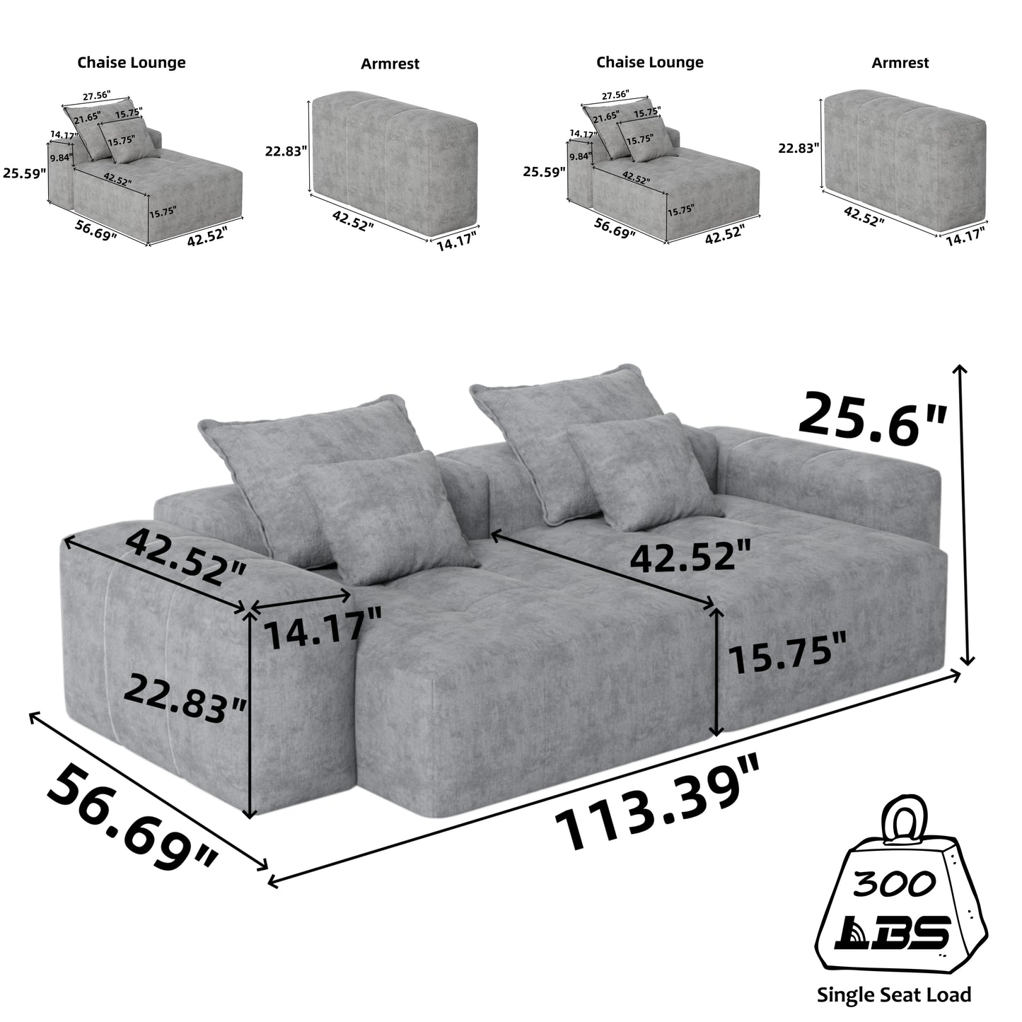Modular Sectional Sofa with 2 chaise lounge and 2 armrest,Sparkling Chenille Fabric Soft Cushion Sofa with 4 Pillows