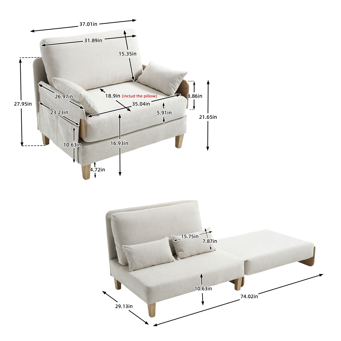 3 - Pillow Foldable Sofa Bed Recliner: 3 - in - 1 Convertible, Mid - Century Modern, Small Space - Friendly