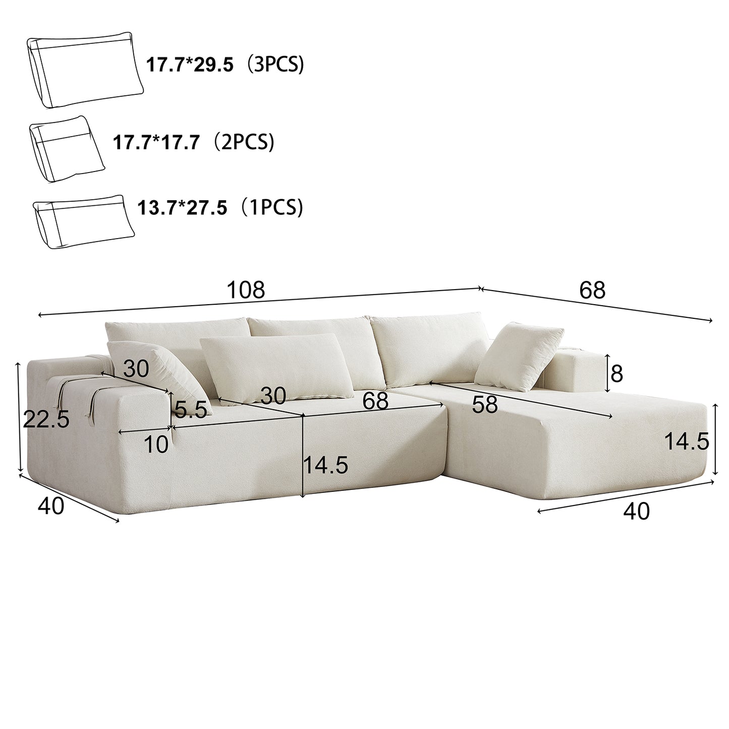 Modern Chenille Upholstered Sectional Sofa Couch Set Free Combination Sofa  With 6 Pillows