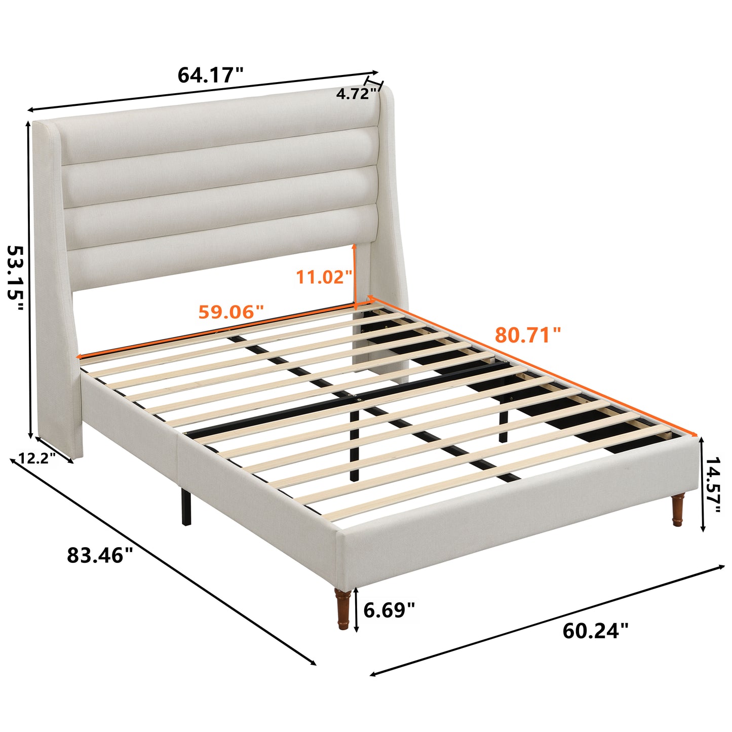 High Headboard Upholstered Platform Bed Frame | Wave-Shaped Headboard – Premium Chenille Fabric, Ivory
