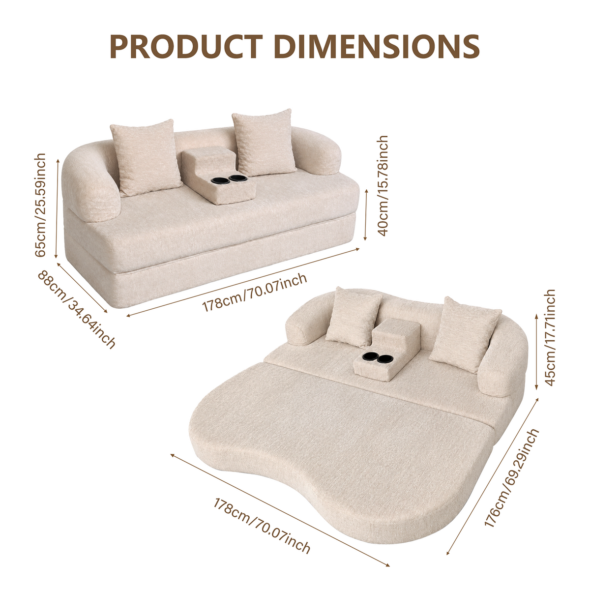 2-in-1 Convertible Sleeper Sofa Bed with Cup Holders