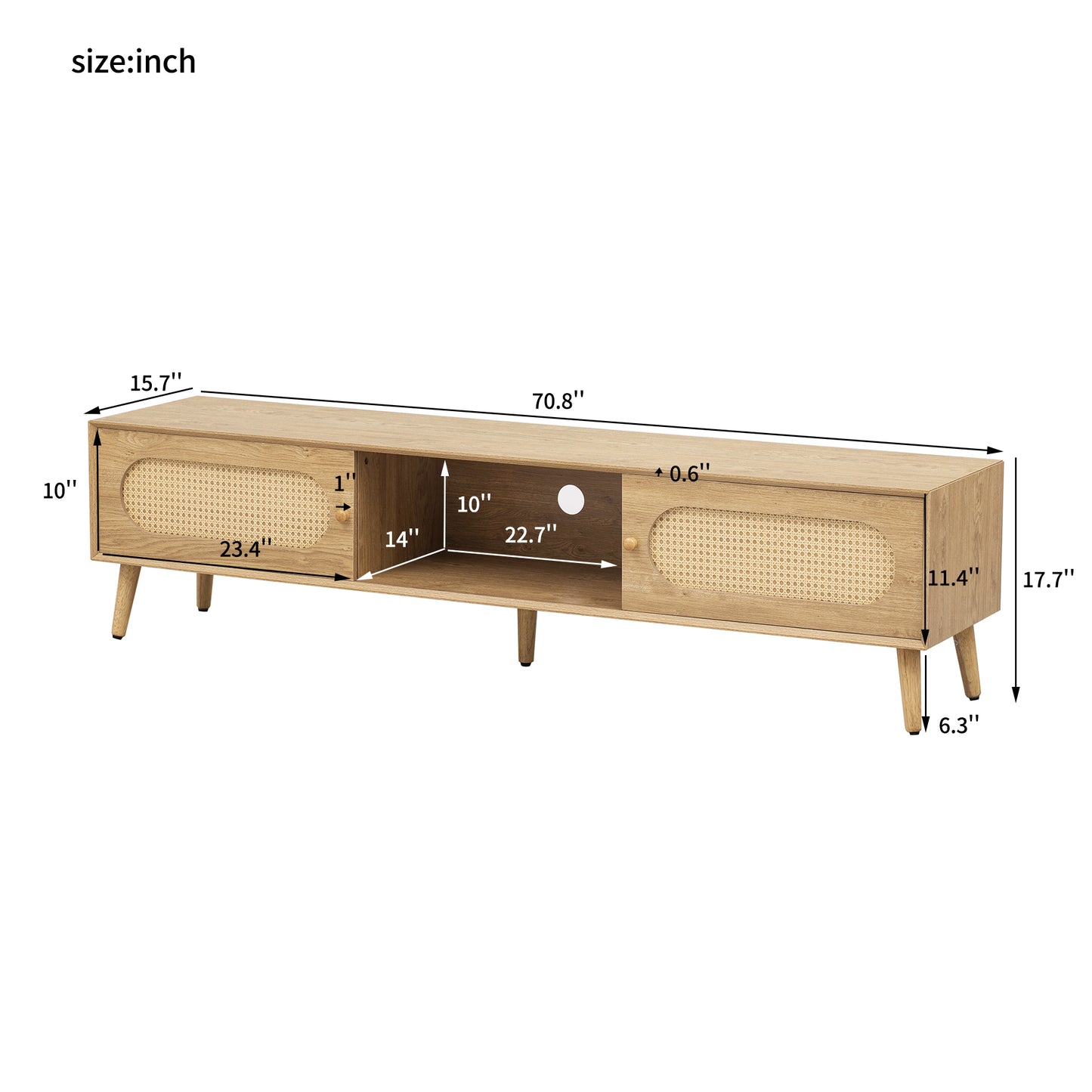 Modern Farmhouse Media Console – Rattan TV Cabinet with Solid Wood Legs, 70.8" for 80" TV