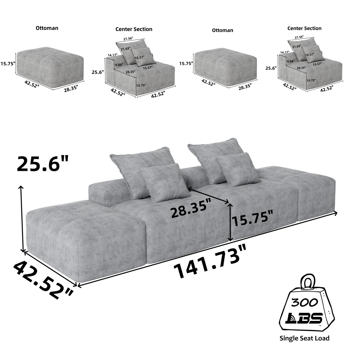 Modular Sectional Sofa with 2 chaise lounge and 2 armrest,Sparkling Chenille Fabric Soft Cushion Sofa with 4 Pillows