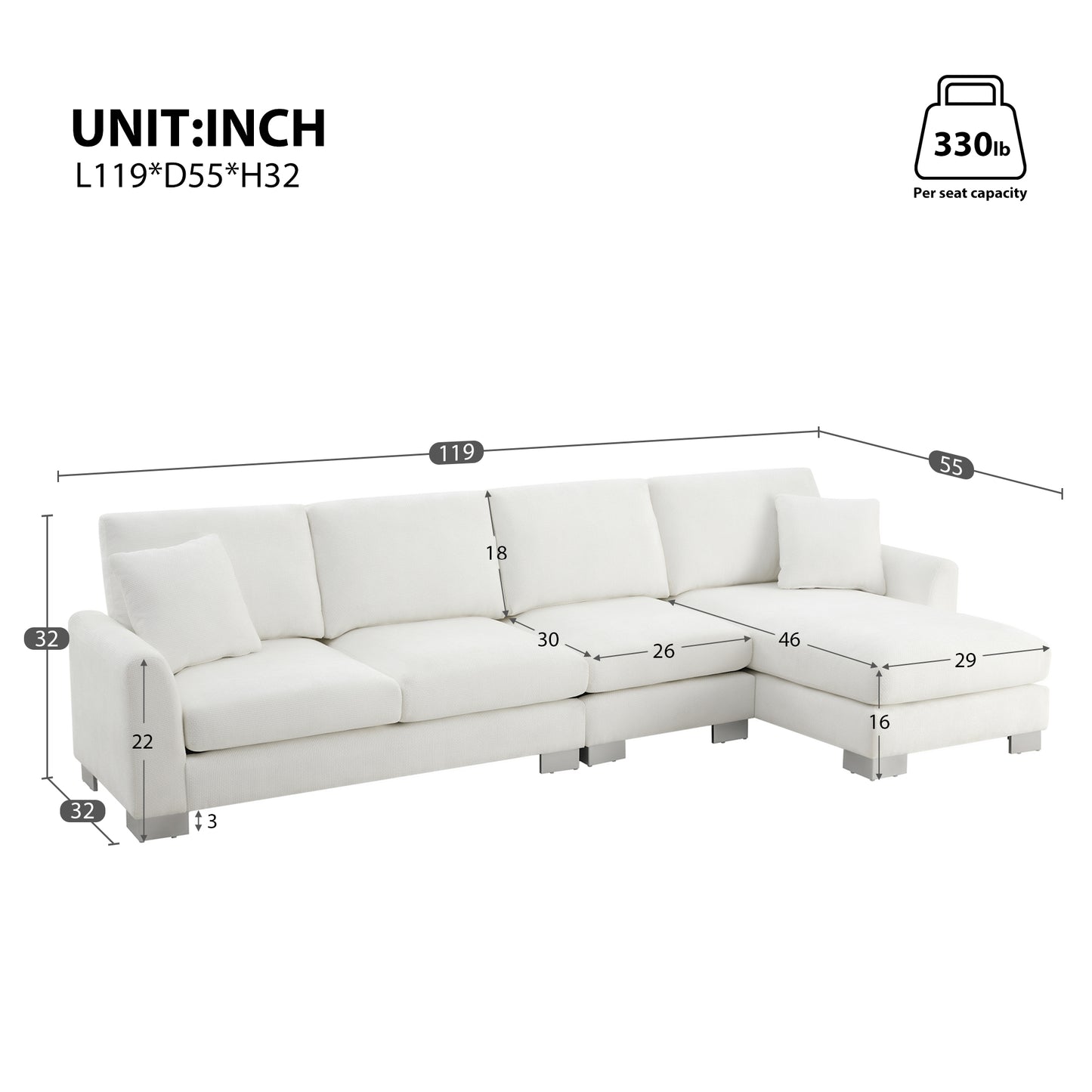 119'' Modern Oversized L - shaped Sectional Sofa: Ideal for Living Room, Apartment & Office - 5 - Seat Chenille with Chaise & 2 Free Pillows Light Gray