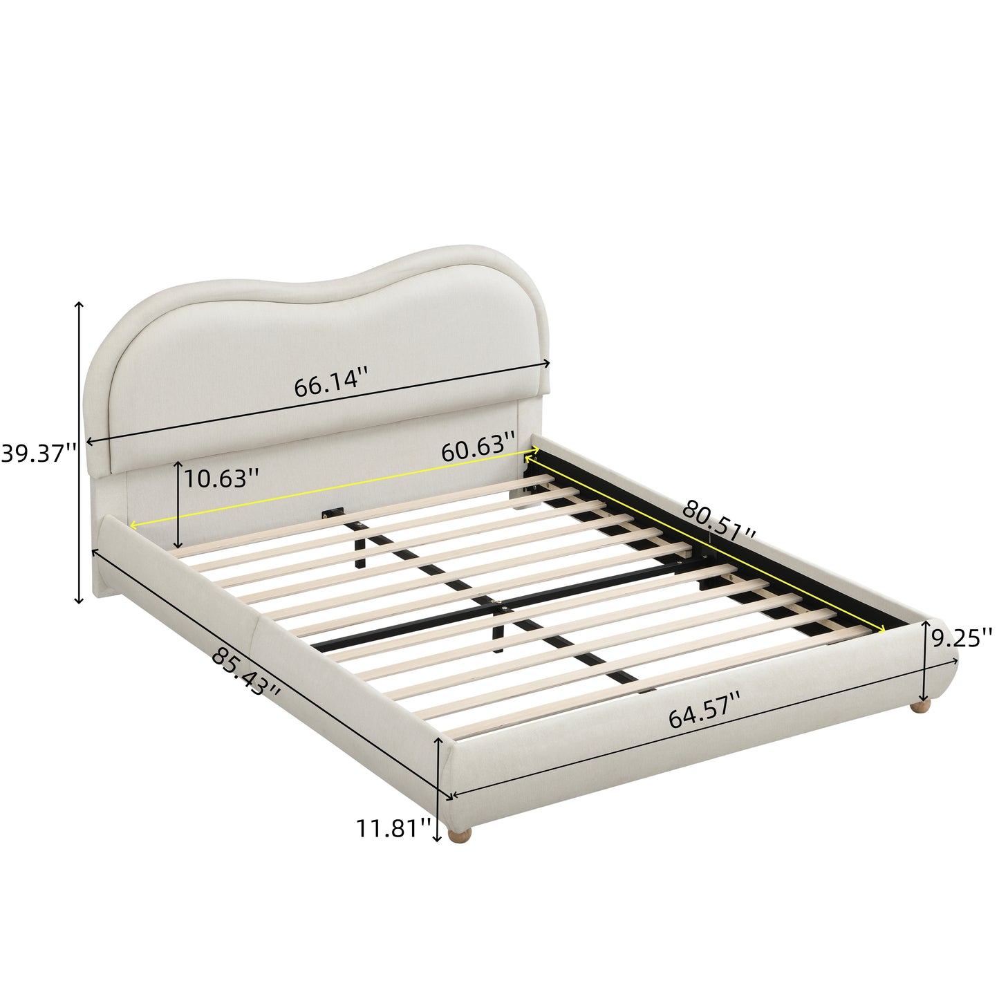 Upholstered Platform Bed Frame with Rounded Corners Curved Headboard | Chenille Fabric, Wooden Slats, Oak Legs – No Box Spring Needed (Queen/King)