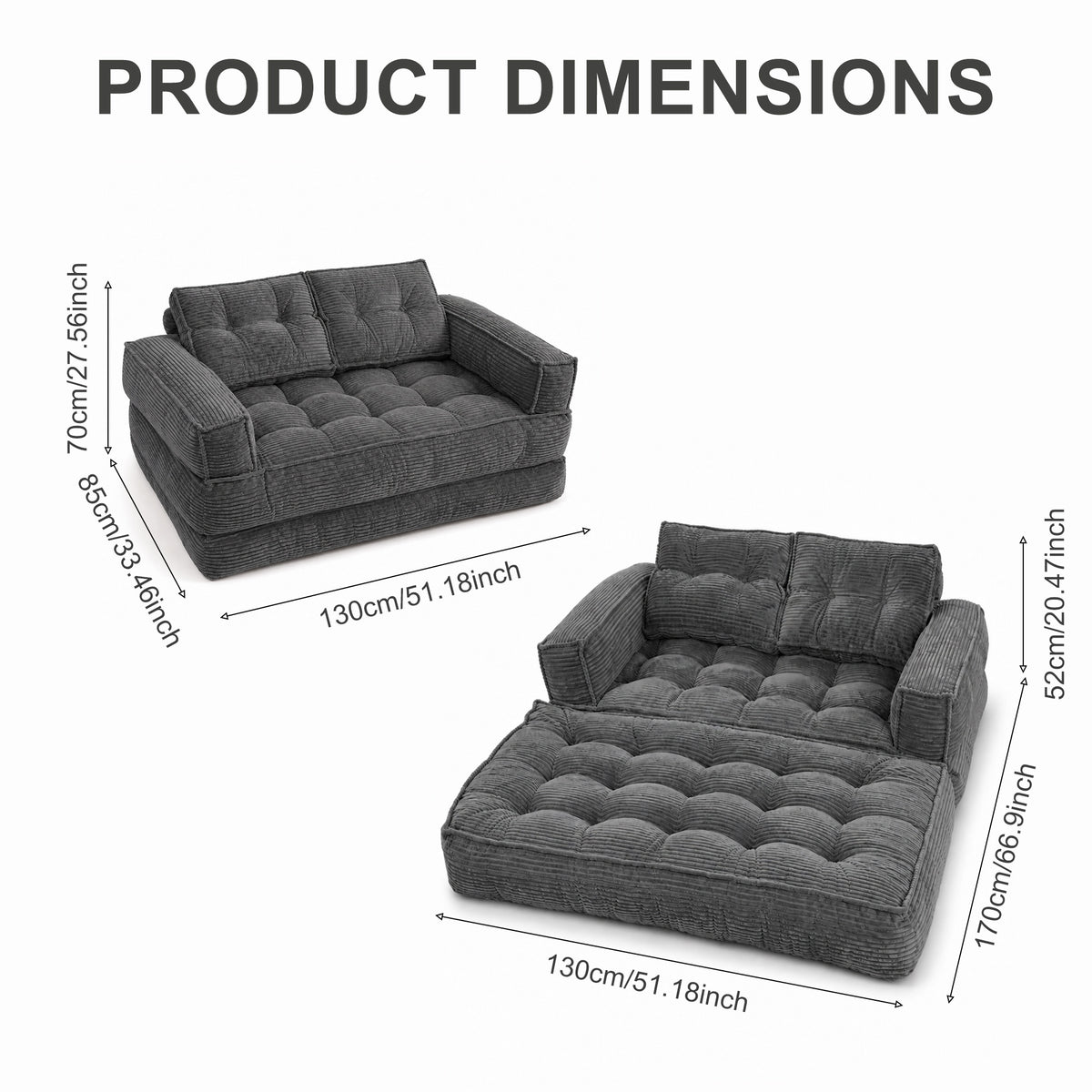 2-in-1 Boneless Convertible Floor Couch – Lazy Double Sofa with Armrest