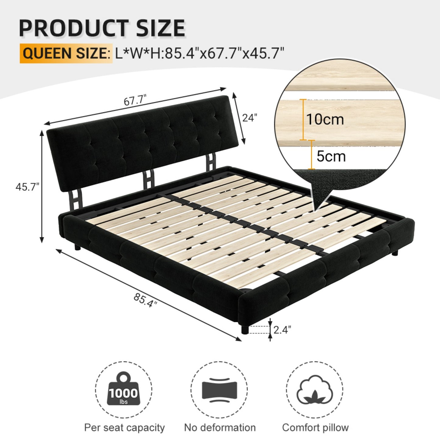 Queen/King Size Bed Frame Chenille Platform Bed with Metal and Wooden Slats Double Support – Cloud Pillow Headboard, Silent Sturdy