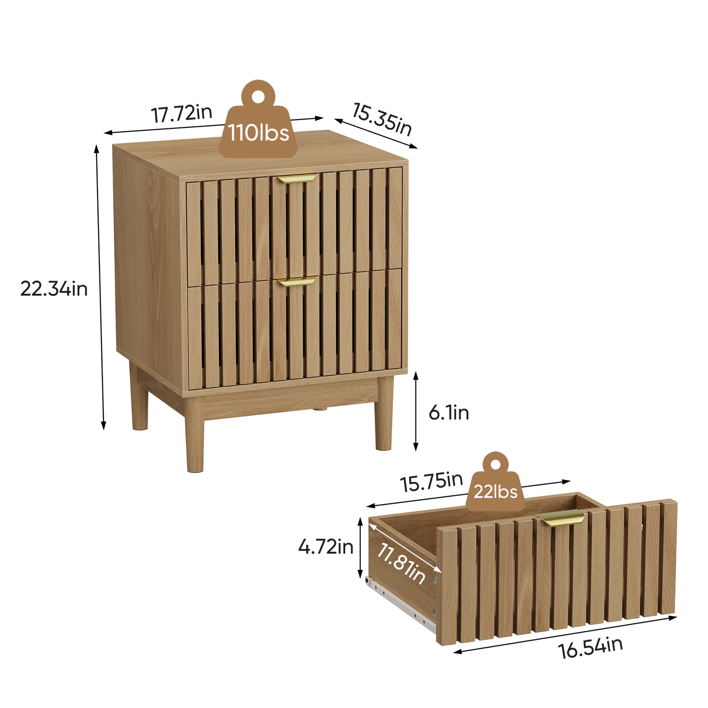 Oak Bedside Table with Grille Design and Two Drawers – Nightstand | Modern Storage Cabinet for Bedroom, Living Room, Office