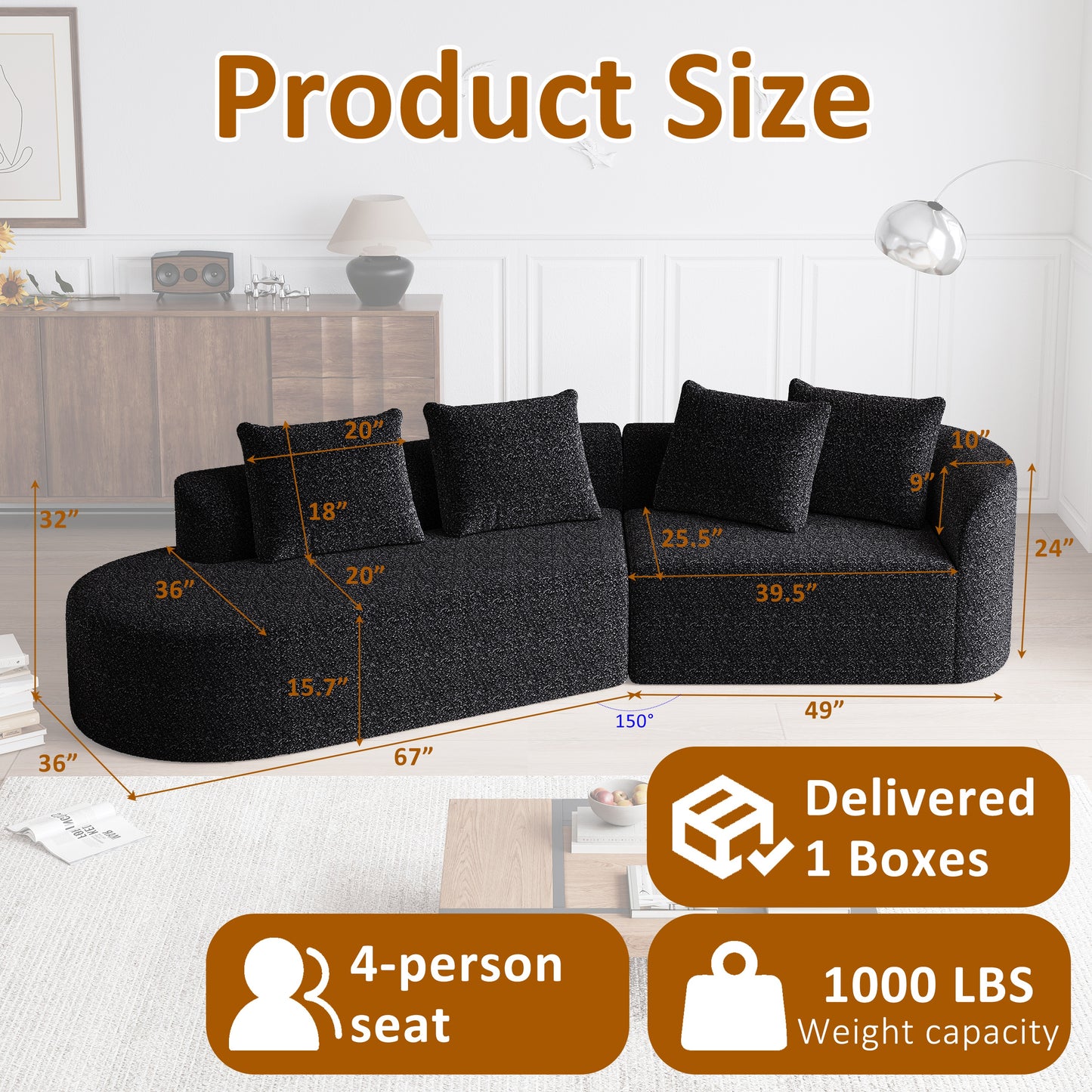 Extra Deep & Wide Seat Curved Cloud Couch with 4 Throw Pillows-3 Colors