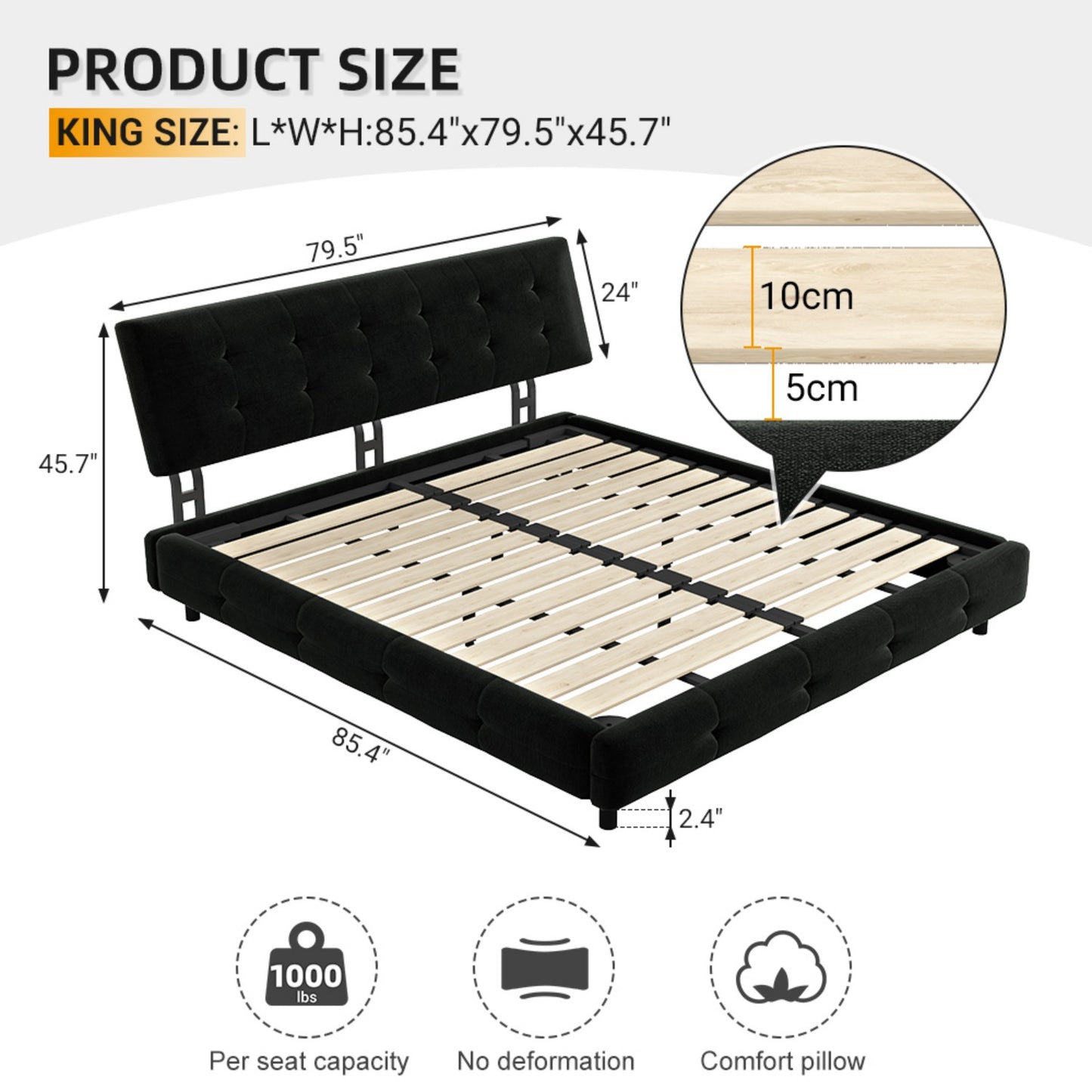 Queen/King Size Bed Frame Chenille Platform Bed with Metal and Wooden Slats Double Support – Cloud Pillow Headboard, Silent Sturdy