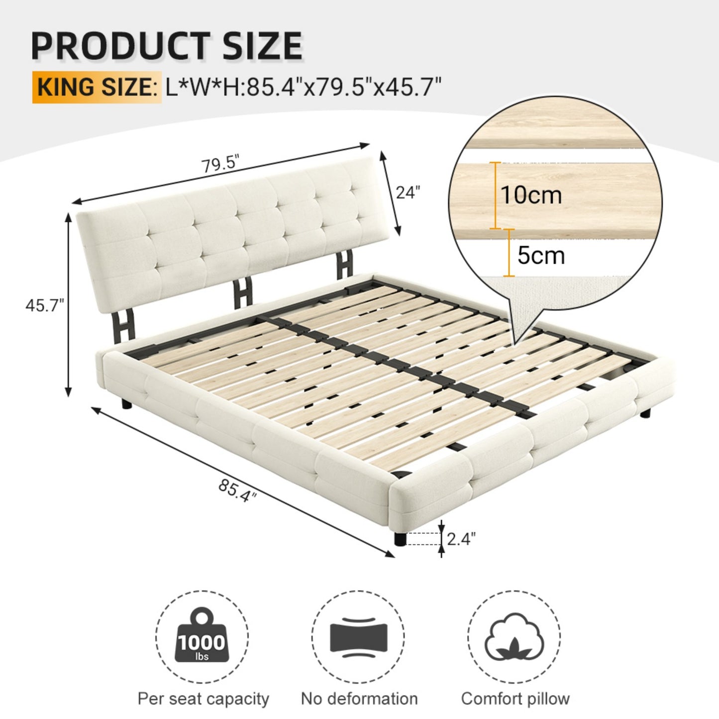 Queen/King Size Bed Frame Chenille Platform Bed with Metal and Wooden Slats Double Support – Cloud Pillow Headboard, Silent Sturdy