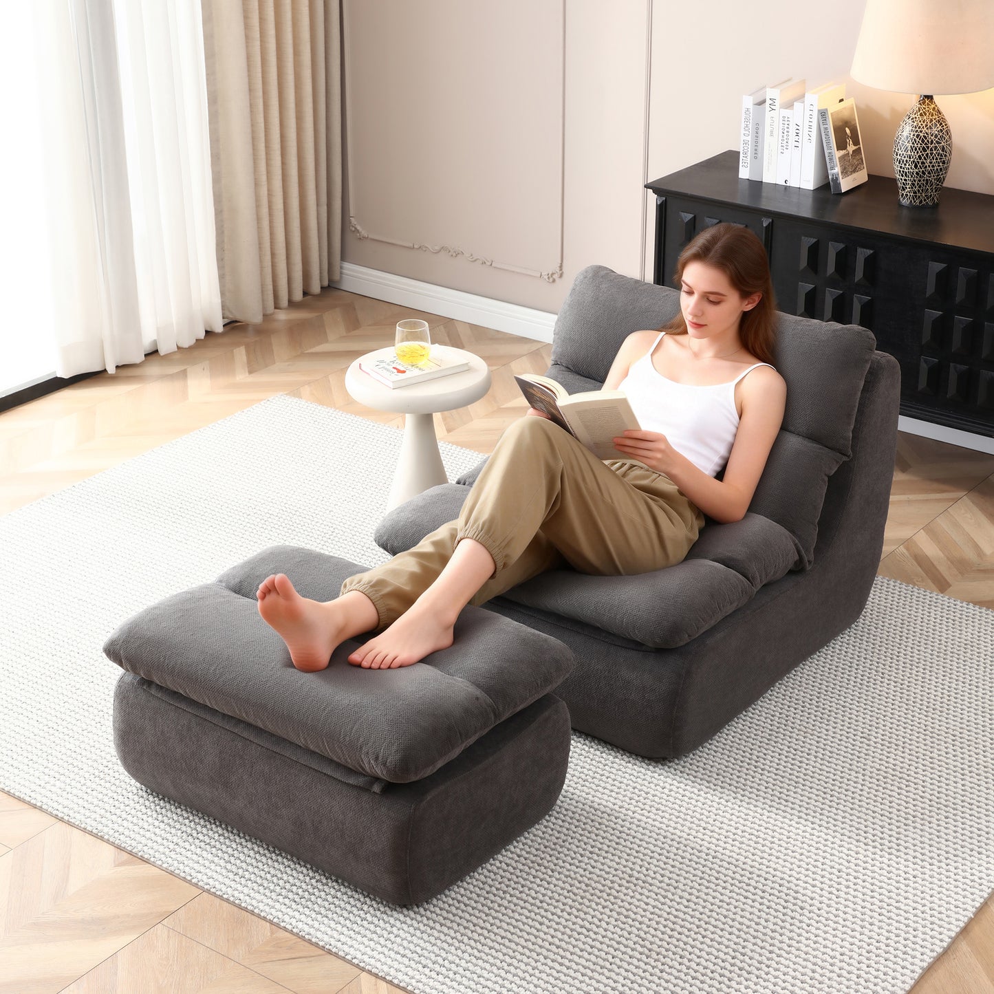 Bean Bag Chair with Ottoman – Big Chaise Lounge Chair for Adults, Tufted Upholstered Lazy Sofa for Living Room (Grey/Yellow/Green)