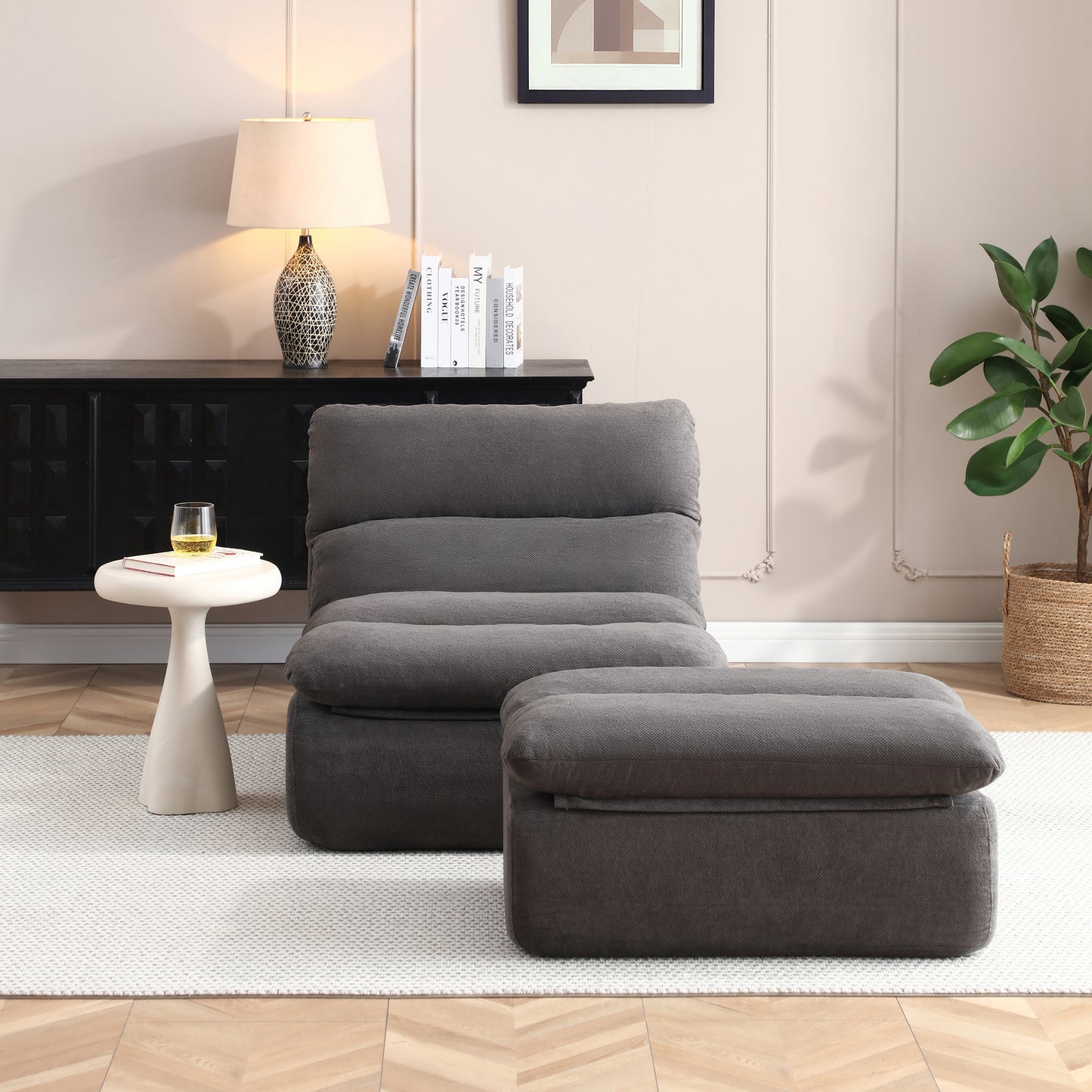 Bean Bag Chair with Ottoman – Big Chaise Lounge Chair for Adults, Tufted Upholstered Lazy Sofa for Living Room (Grey/Yellow/Green)