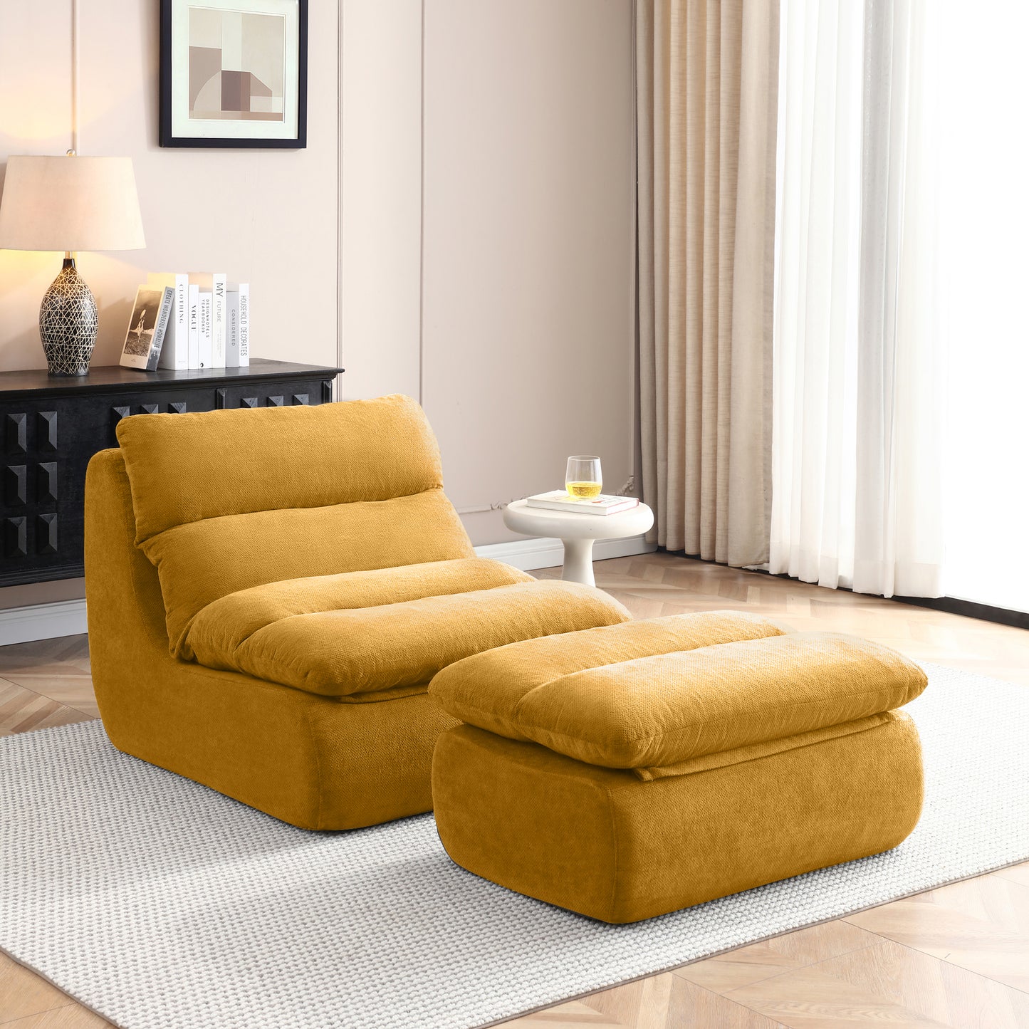 Bean Bag Chair with Ottoman – Big Chaise Lounge Chair for Adults, Tufted Upholstered Lazy Sofa for Living Room (Grey/Yellow/Green)