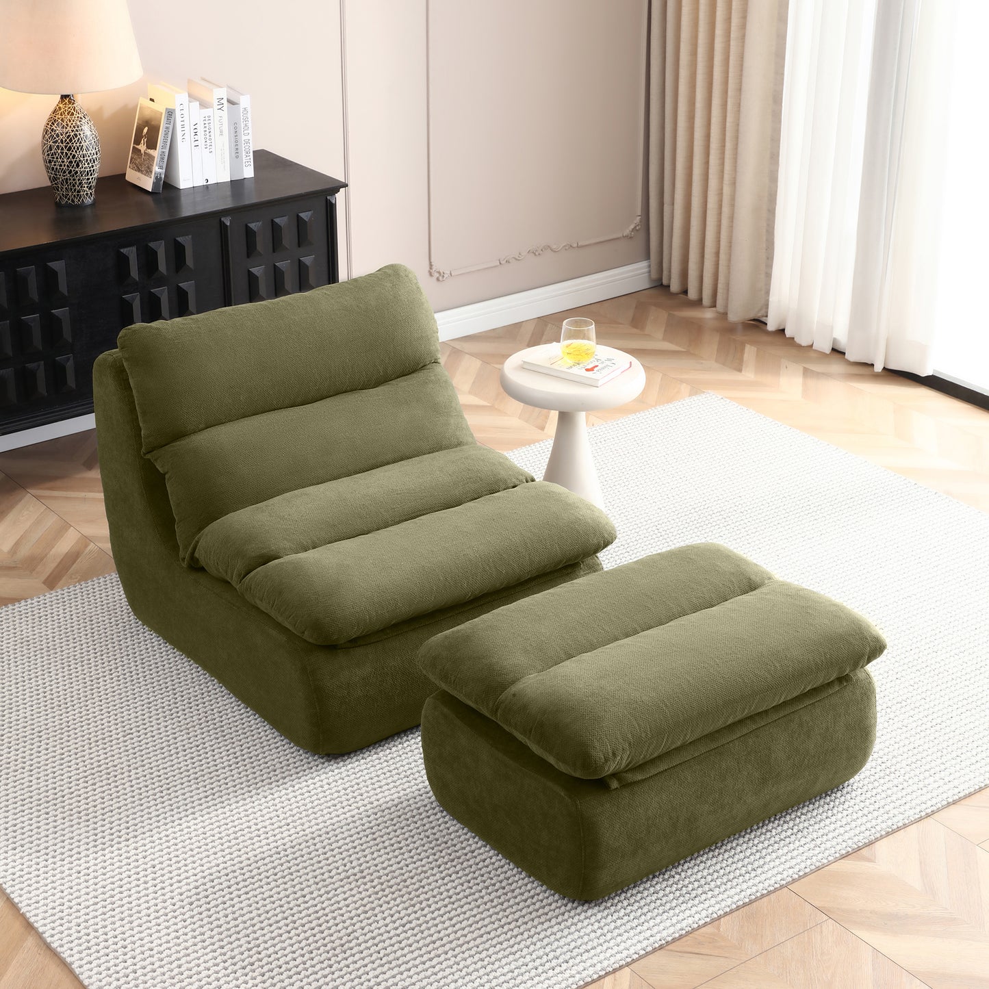Bean Bag Chair with Ottoman – Big Chaise Lounge Chair for Adults, Tufted Upholstered Lazy Sofa for Living Room (Grey/Yellow/Green)