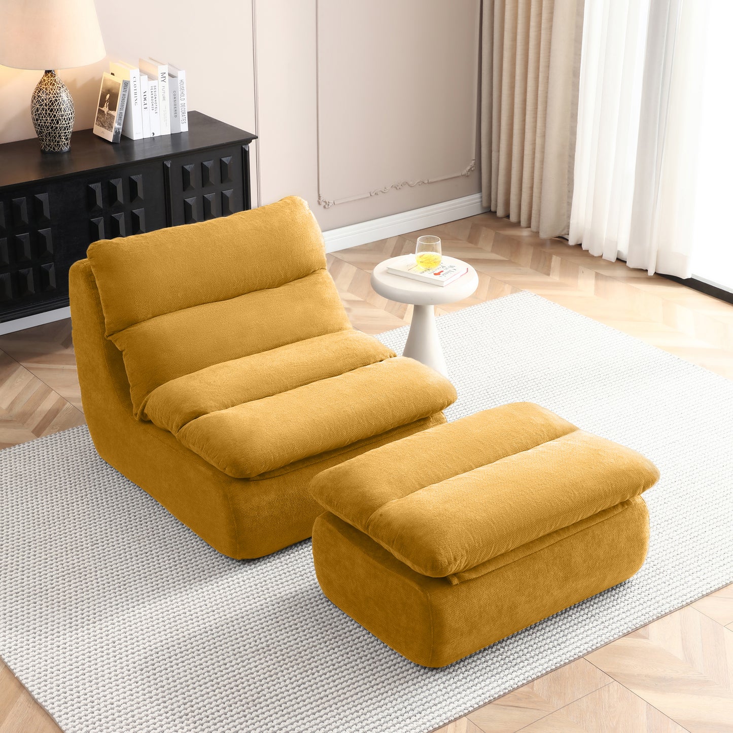 Bean Bag Chair with Ottoman – Big Chaise Lounge Chair for Adults, Tufted Upholstered Lazy Sofa for Living Room (Grey/Yellow/Green)