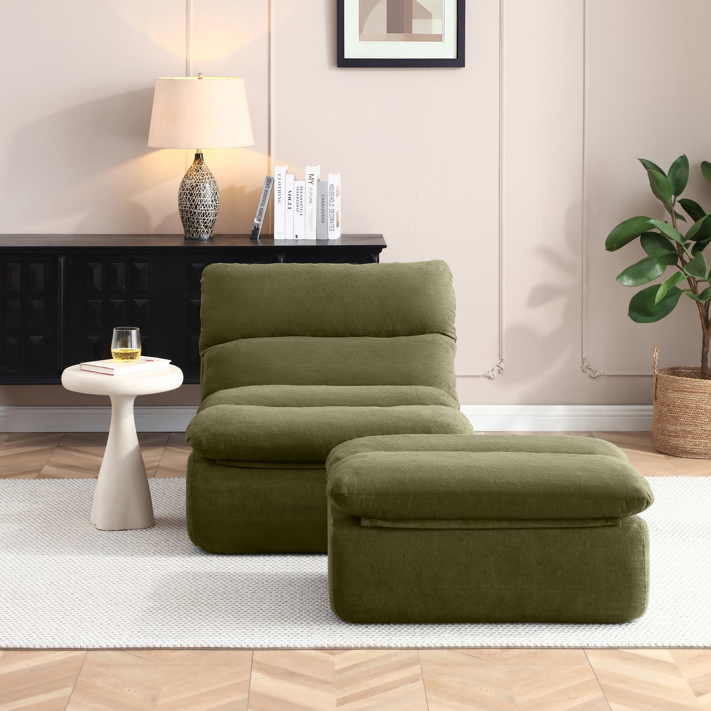Bean Bag Chair with Ottoman – Big Chaise Lounge Chair for Adults, Tufted Upholstered Lazy Sofa for Living Room (Grey/Yellow/Green)