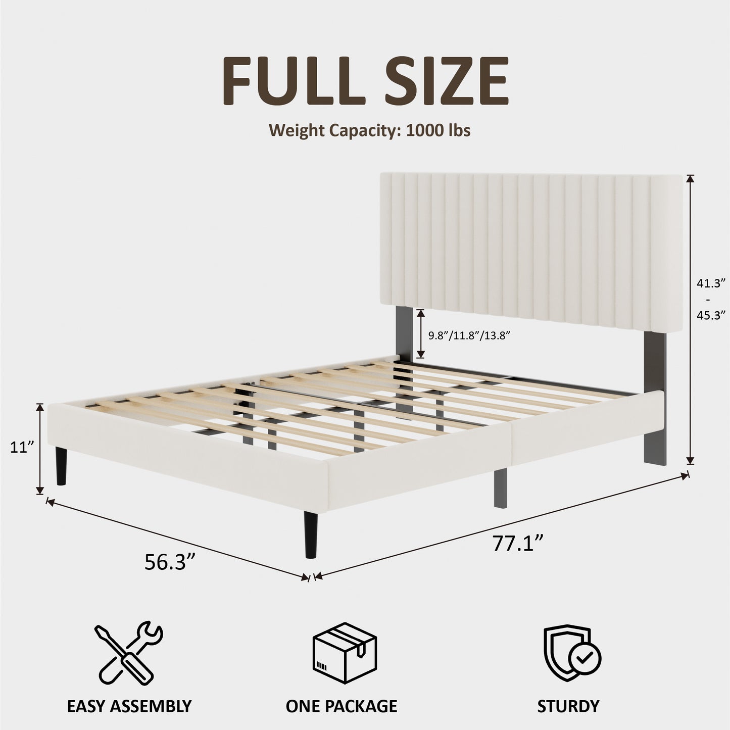 Velvet Upholstered Platform Bed with Height-Adjustable Headboard – King/Queen/Full, No Box Spring Needed