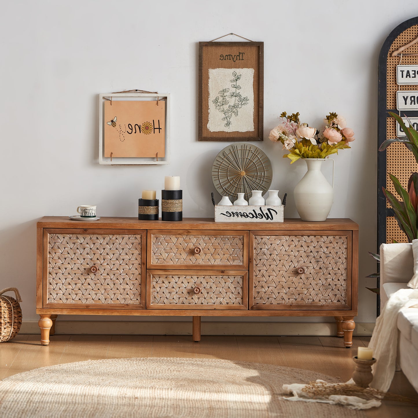 Mid-Century Distressed TV Stand | Rattan Media Console with Drawer Door – 60" for TVs up to 65"