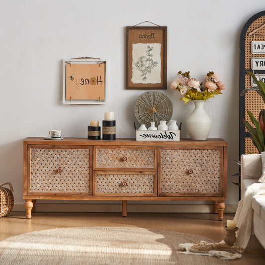 Mid-Century Distressed TV Stand | Rattan Media Console with Drawer Door – 60" for TVs up to 65"