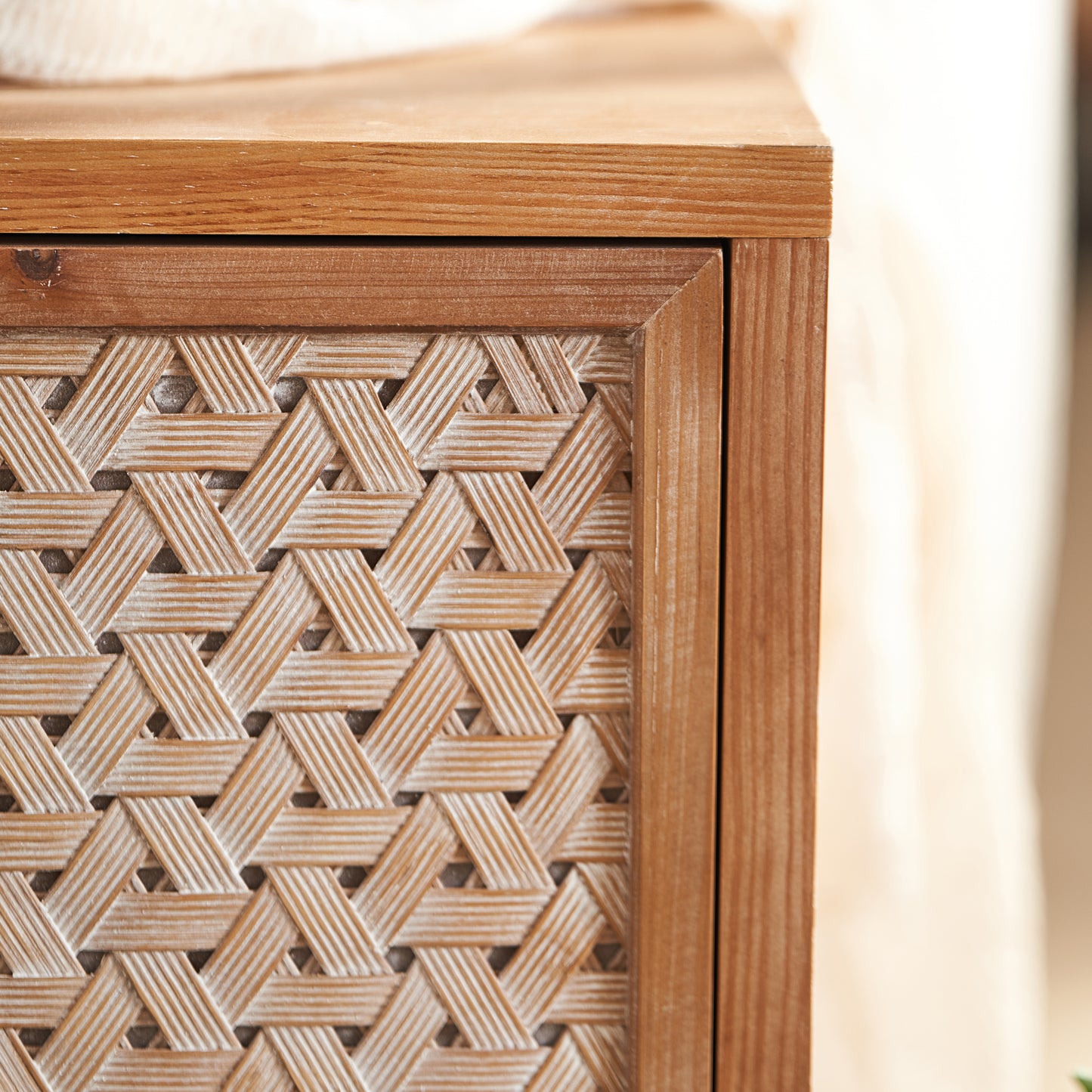 Mid-Century Distressed TV Stand | Rattan Media Console with Drawer Door – 60" for TVs up to 65"