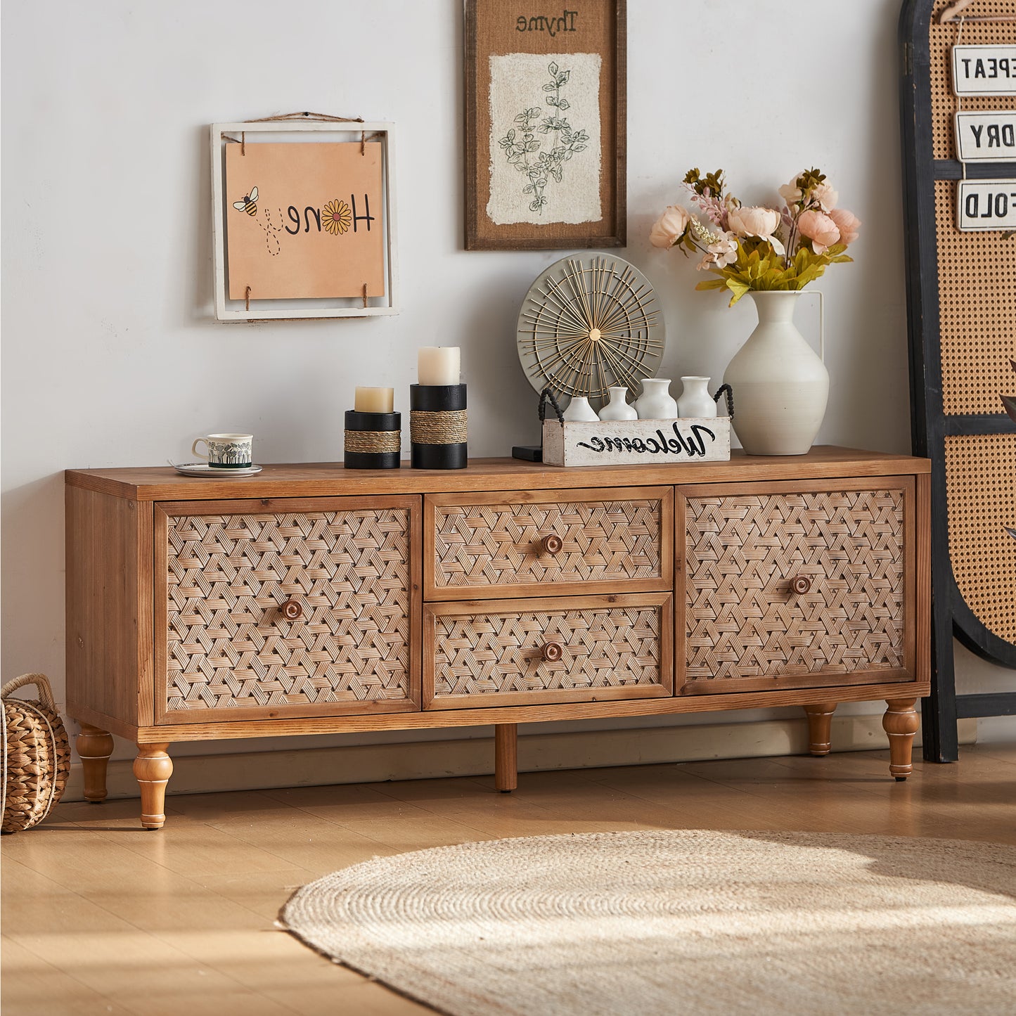 Mid-Century Distressed TV Stand | Rattan Media Console with Drawer Door – 60" for TVs up to 65"