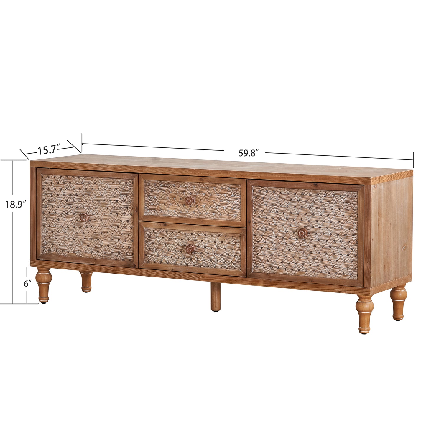 Mid-Century Distressed TV Stand | Rattan Media Console with Drawer Door – 60" for TVs up to 65"