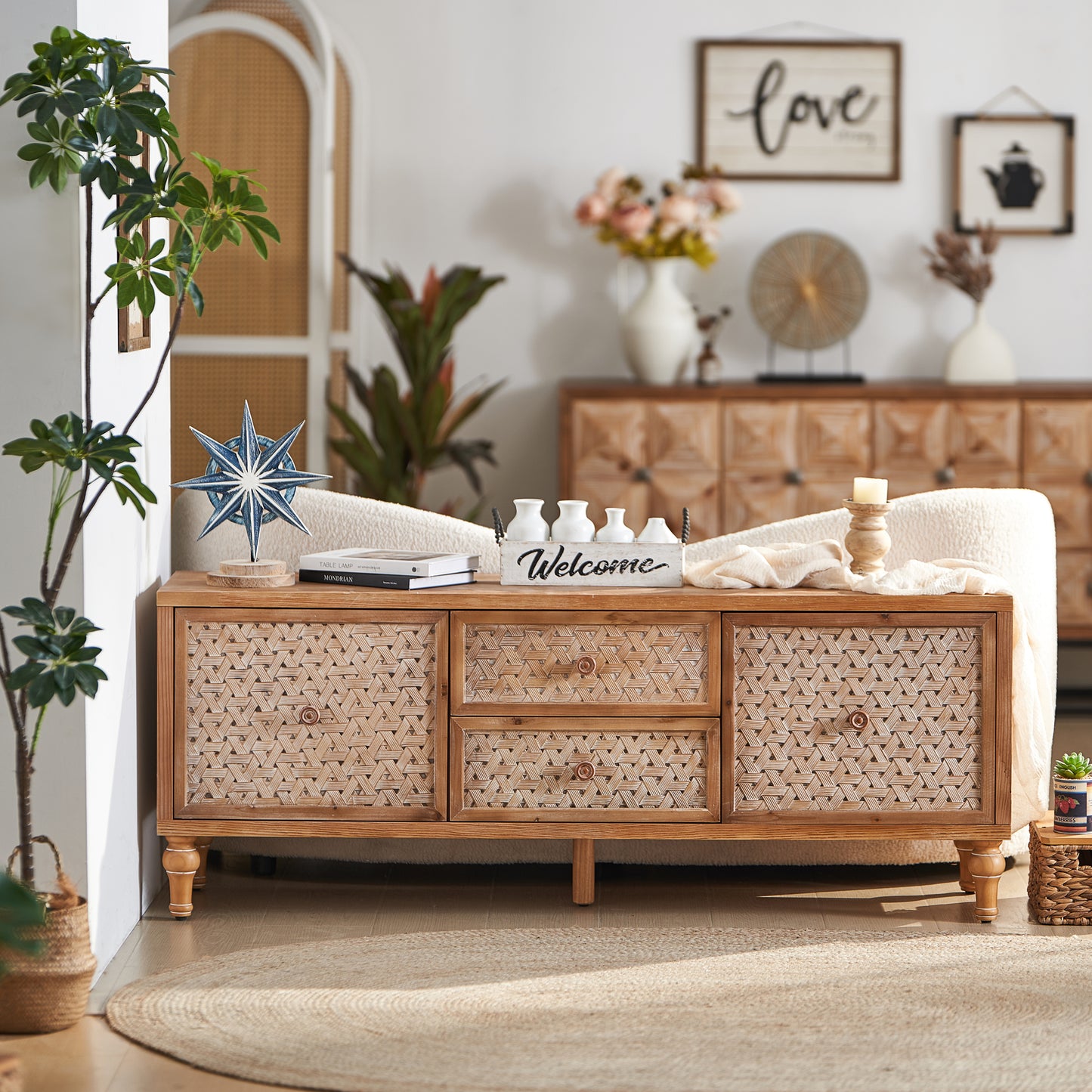 Mid-Century Distressed TV Stand | Rattan Media Console with Drawer Door – 60" for TVs up to 65"