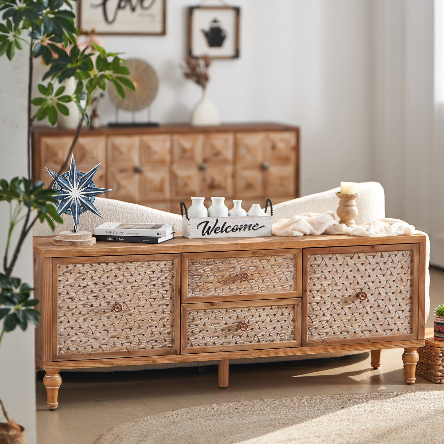 Mid-Century Distressed TV Stand | Rattan Media Console with Drawer Door – 60" for TVs up to 65"