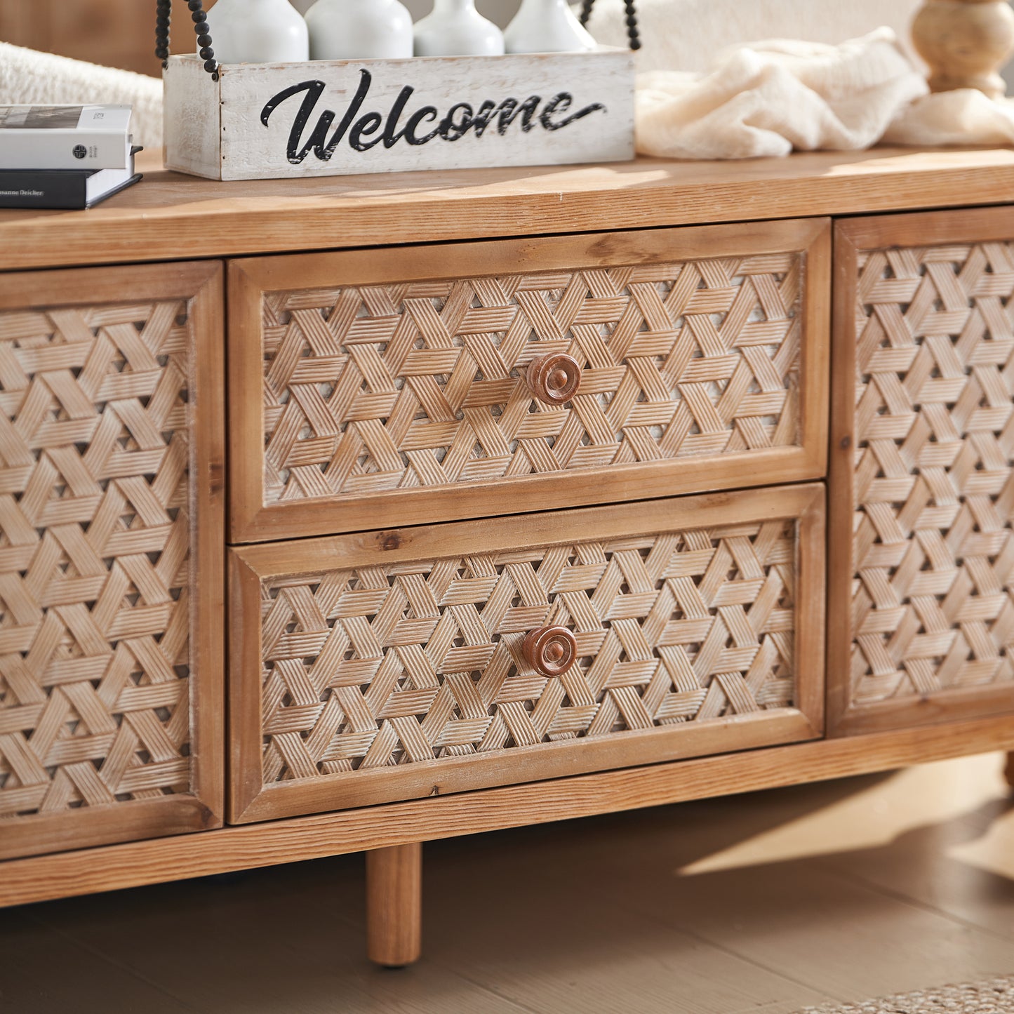 Mid-Century Distressed TV Stand | Rattan Media Console with Drawer Door – 60" for TVs up to 65"