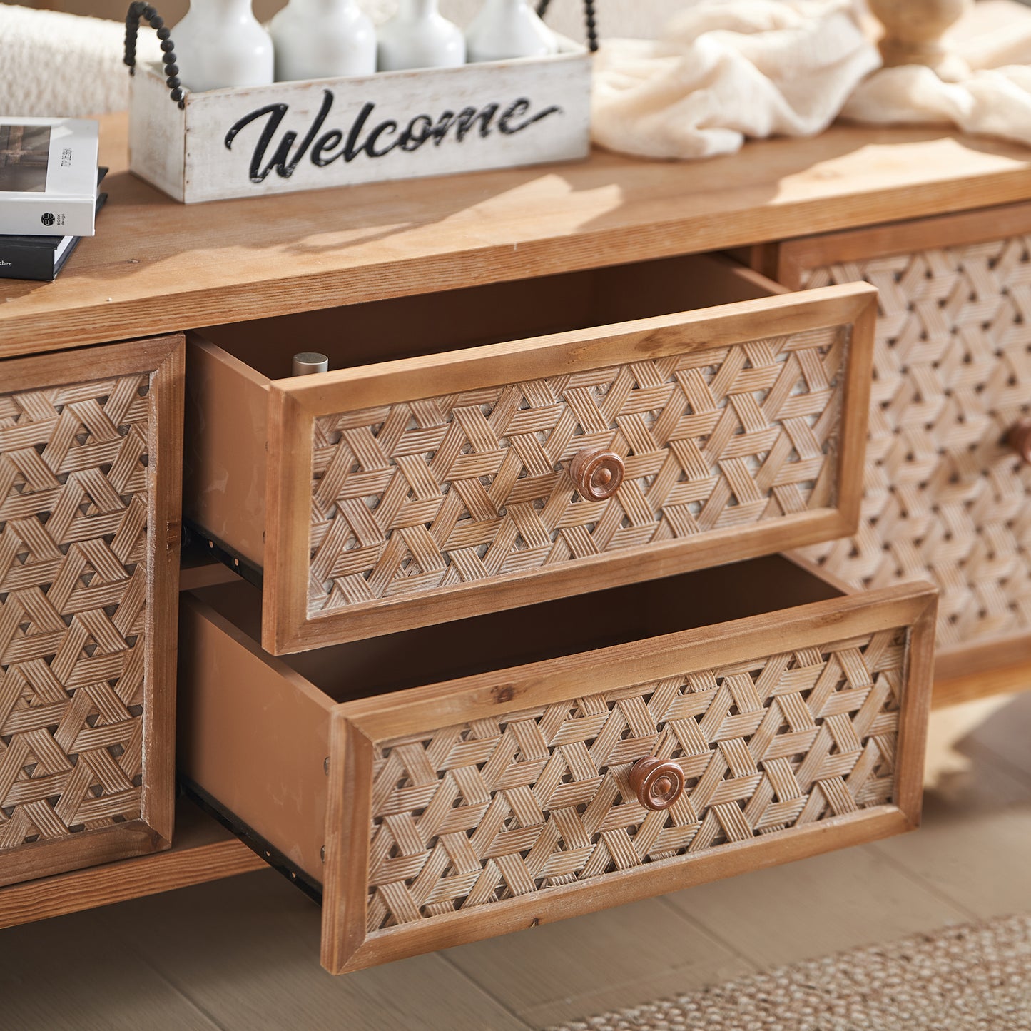 Mid-Century Distressed TV Stand | Rattan Media Console with Drawer Door – 60" for TVs up to 65"