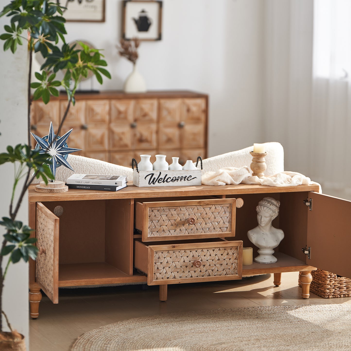 Mid-Century Distressed TV Stand | Rattan Media Console with Drawer Door – 60" for TVs up to 65"
