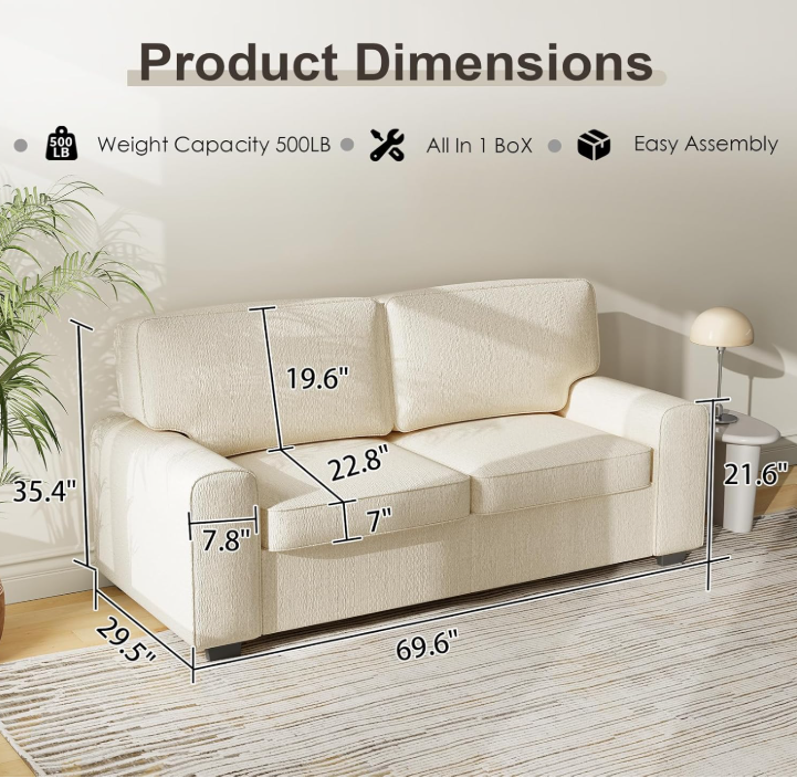 Loveseat Sofa with Chenille Fabric – Deep Seat 2-Seater Couch, Spring Cushion &amp; Sturdy Metal Frame