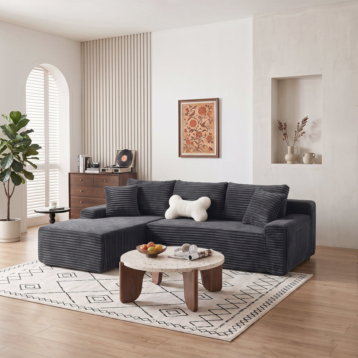 Left/Right Chaise L-Shaped Boneless Cloud Sectional Sofa – Modular Corduroy Couch with Arm Storage Pockets, Deep Seat, No Assembly