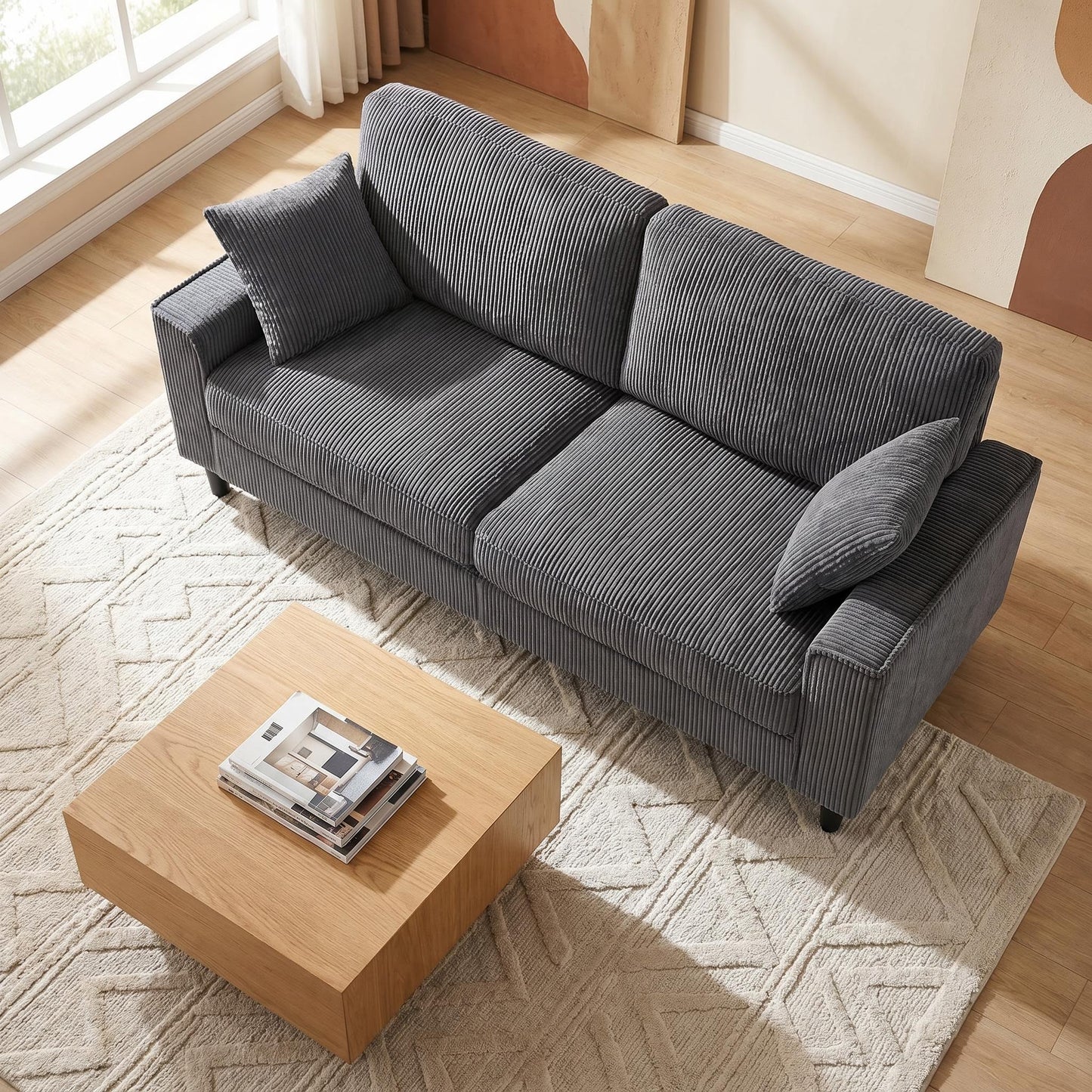 Corduroy Loveseat Sofa – 2-Seater Couch with Sturdy Iron Wood Frame, Square Armrests