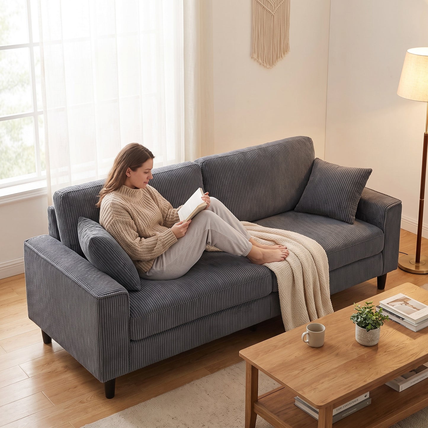 Corduroy Loveseat Sofa – 2-Seater Couch with Sturdy Iron Wood Frame, Square Armrests