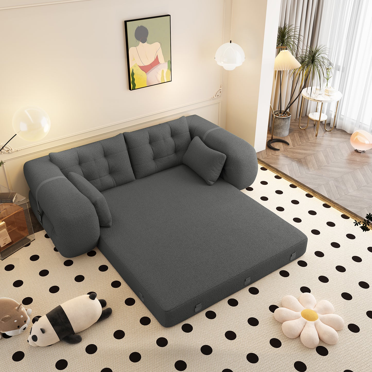 Multi-Functional Foldable Sofa Bed, 3-in-1 Teddy Fabric Foam-Filled Sleeper Sofa Bed for Living Room