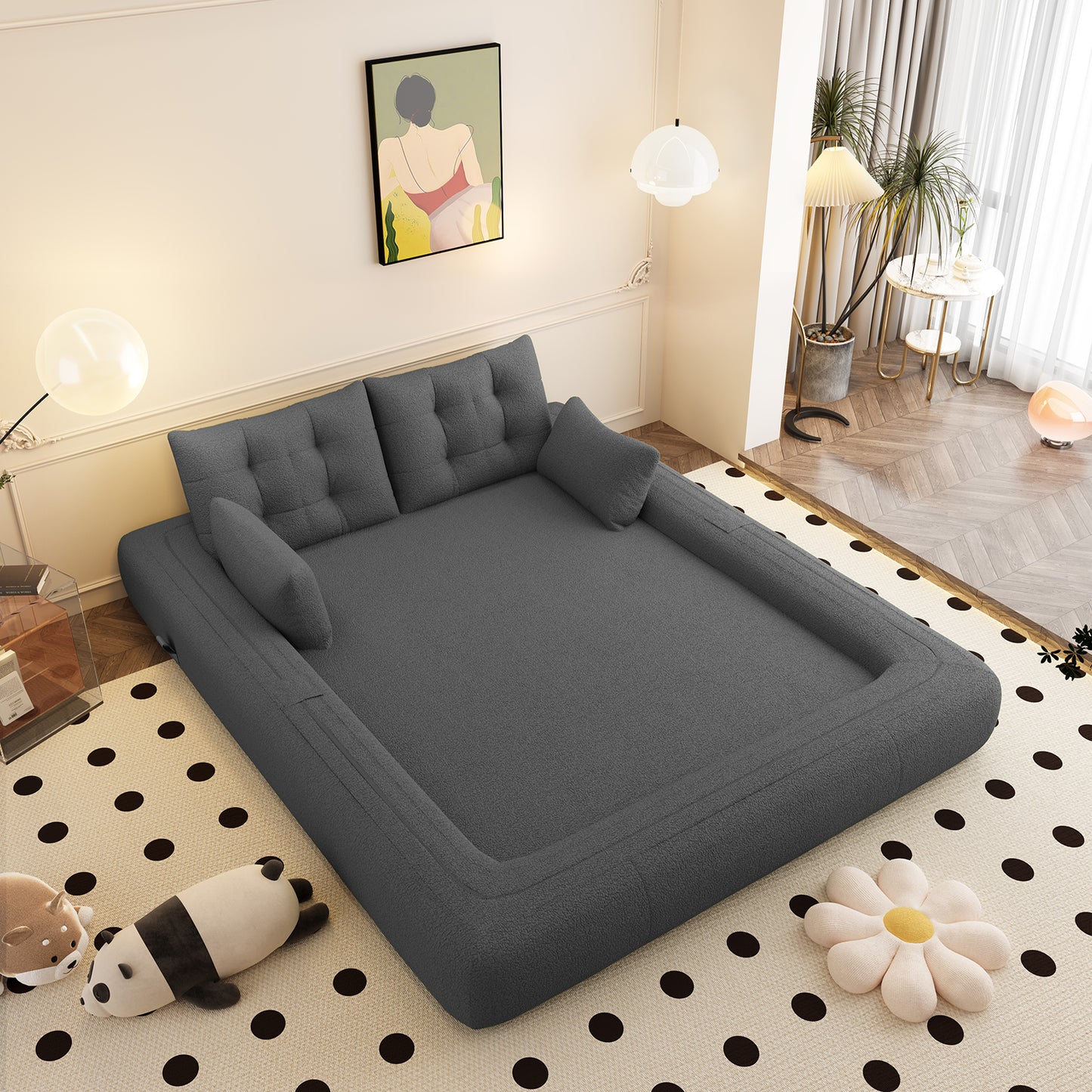Multi-Functional Foldable Sofa Bed, 3-in-1 Teddy Fabric Foam-Filled Sleeper Sofa Bed for Living Room