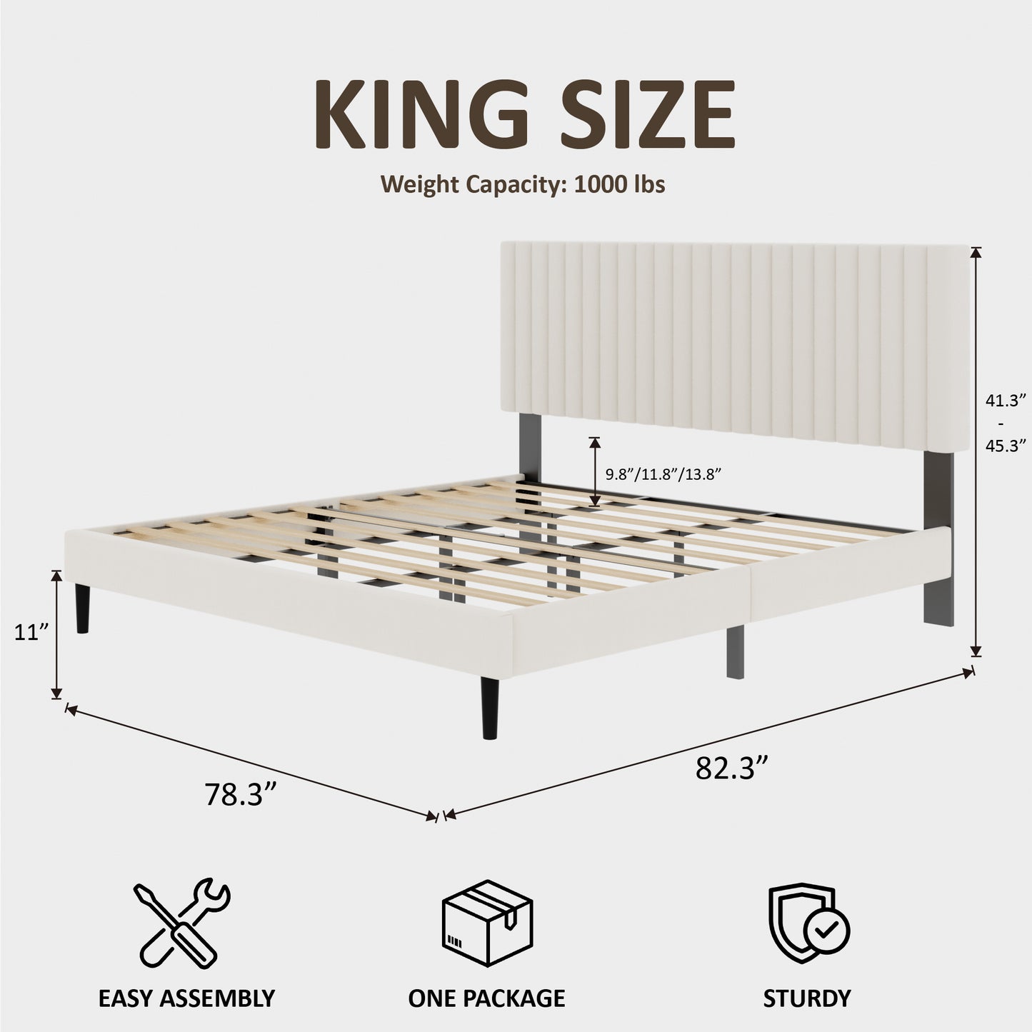 Velvet Upholstered Platform Bed with Height-Adjustable Headboard – King/Queen/Full, No Box Spring Needed