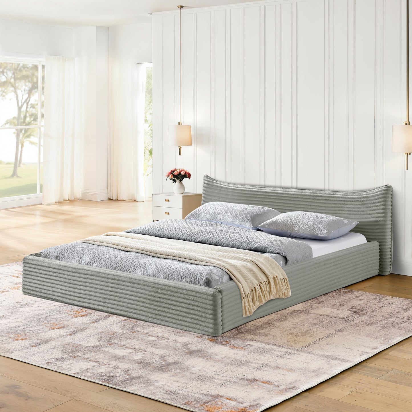 Queen Size Upholstered Bed FrameAnd velvet fabric,Grounded Platform Bed with Decorative Curved Headboard and Solid Wood Frame