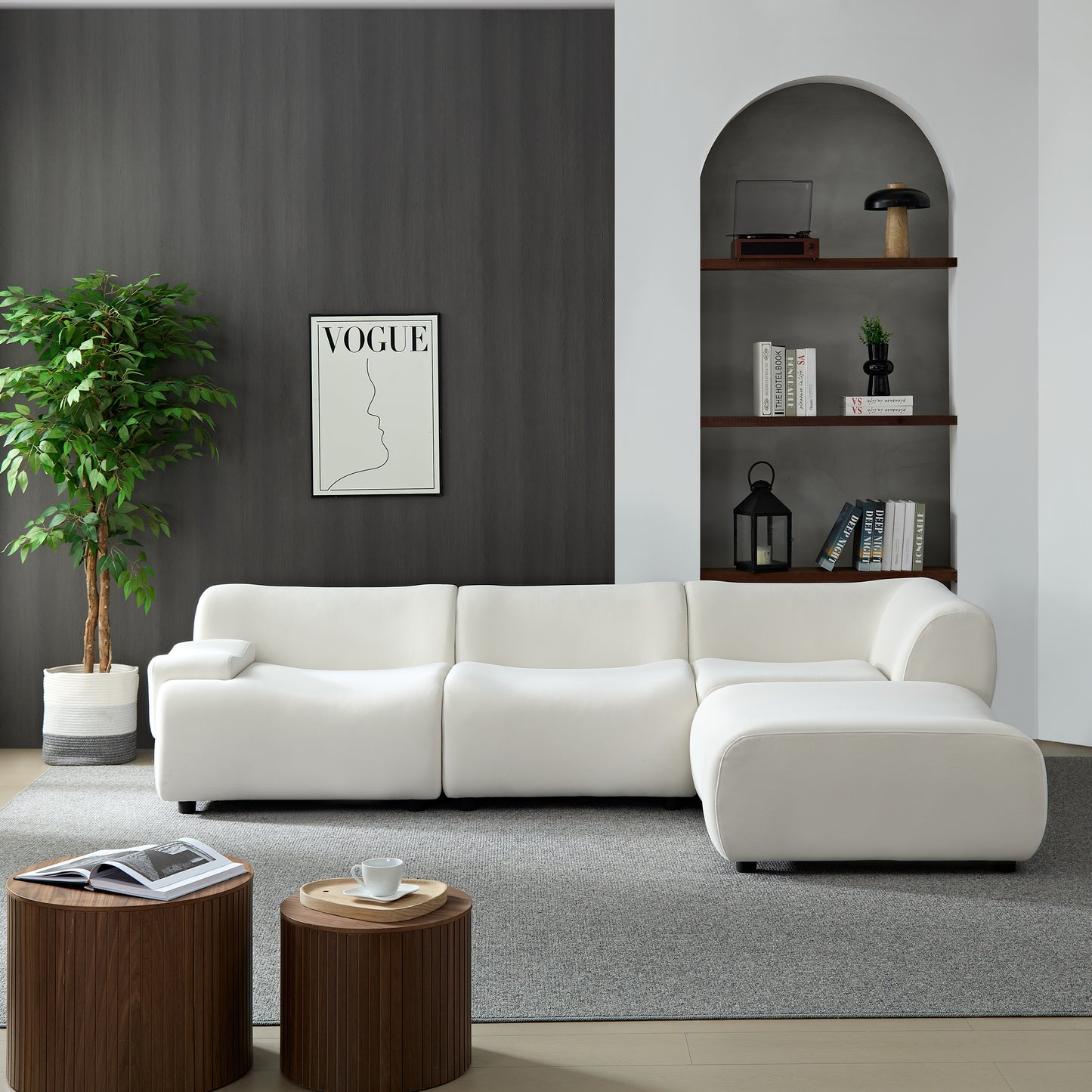 Bamboo-jointed sofa Solid Wood Frame 4 - Seat Sectional Sofa: White, Strong Durable Fabric, High - Density Sponge