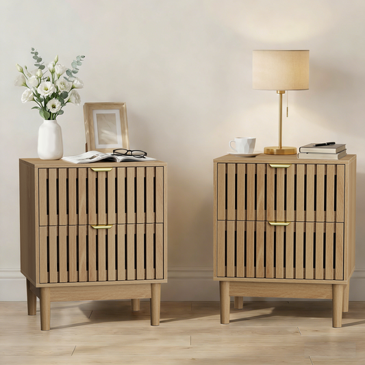 Oak Bedside Table with Grille Design and Two Drawers – Nightstand | Modern Storage Cabinet for Bedroom, Living Room, Office