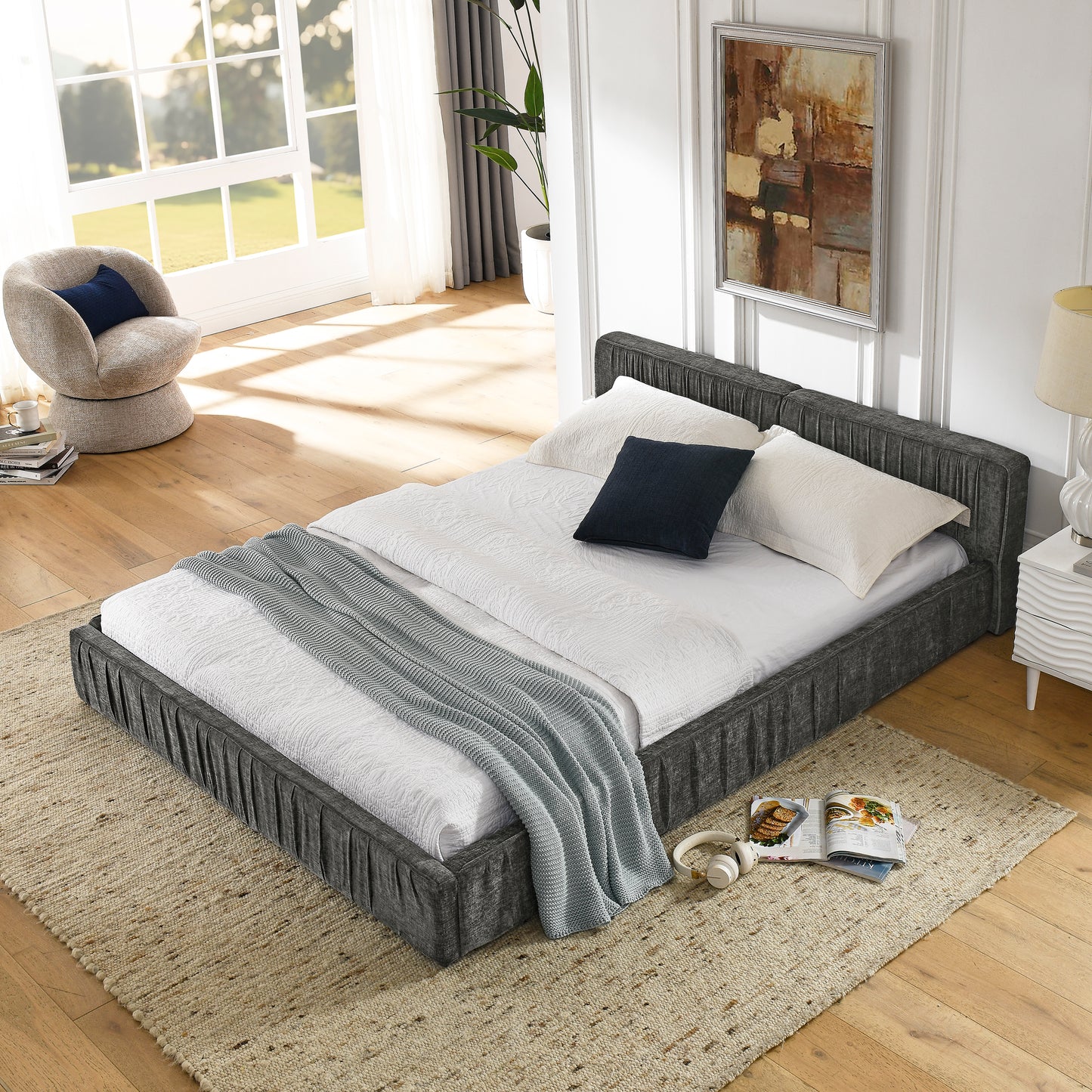 Queen Size Upholstered Bed Frame with Chenille fabric Platform Bed with Headboard and Solid Frame. No Box Spring Needed