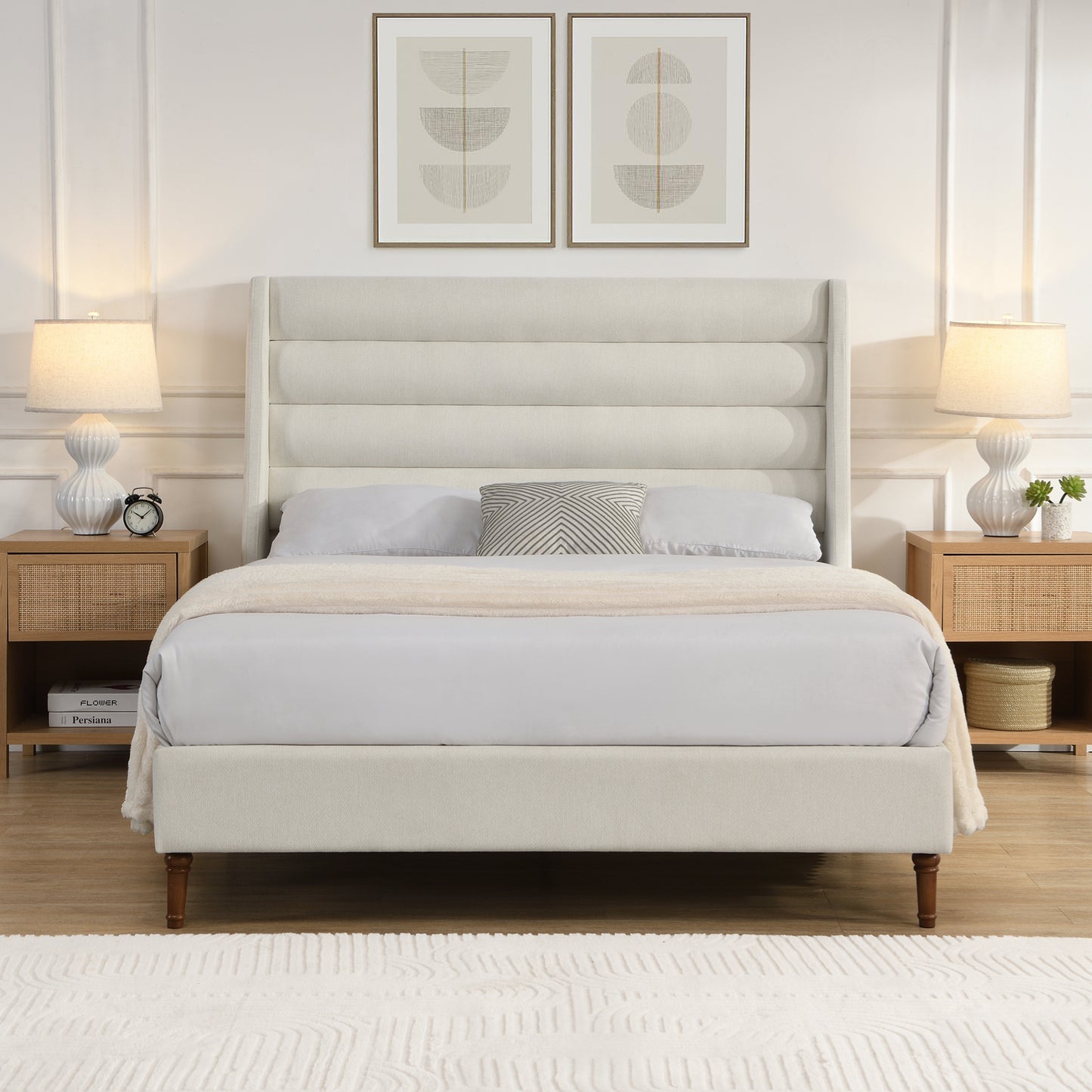 High Headboard Upholstered Platform Bed Frame | Wave-Shaped Headboard – Premium Chenille Fabric, Ivory