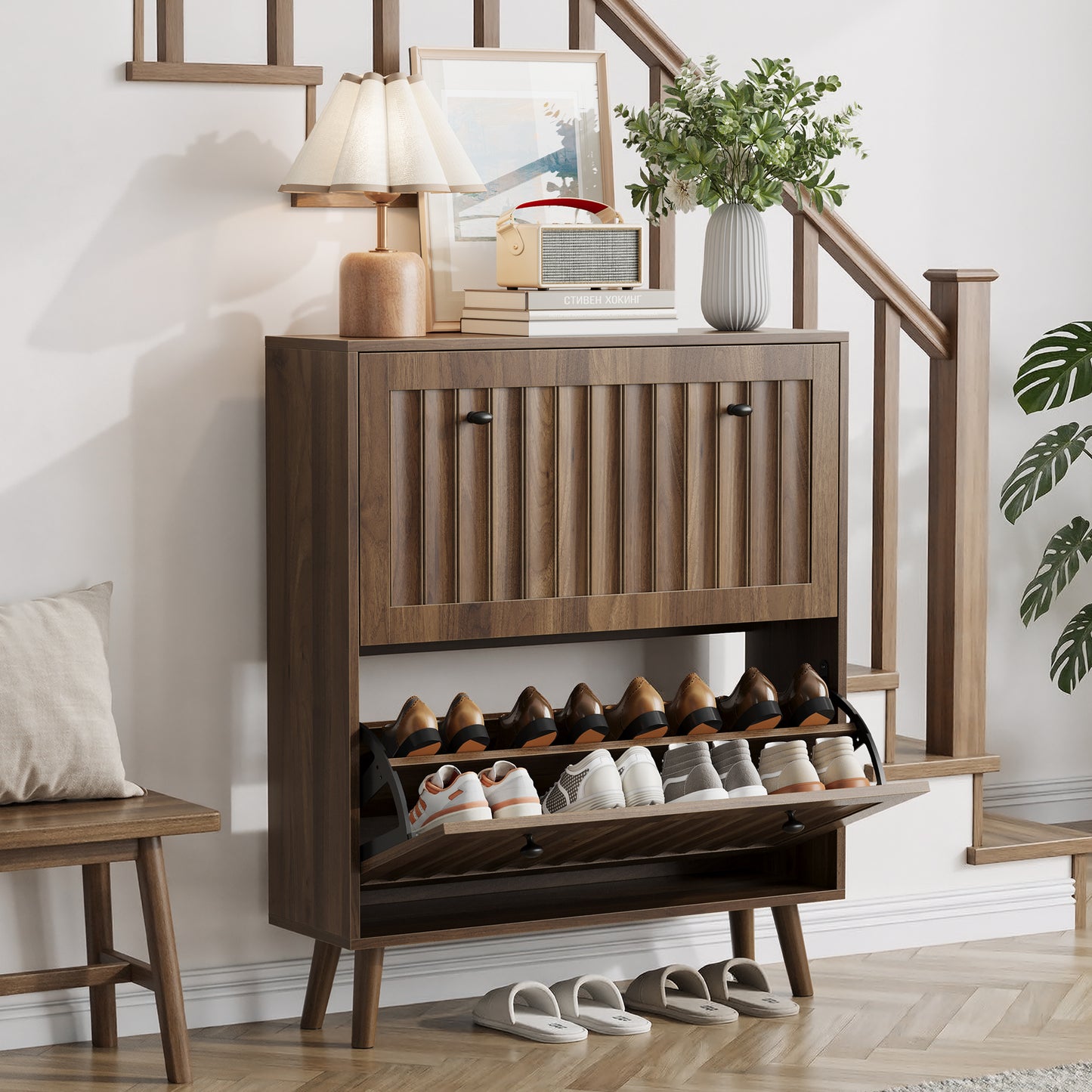Medieval-Style Modern Shoe Cabinet | Upright Shoe Storage Unit with Vertical Grooved Finish – Walnut, 2 Sizes (23.6" or 31.5")