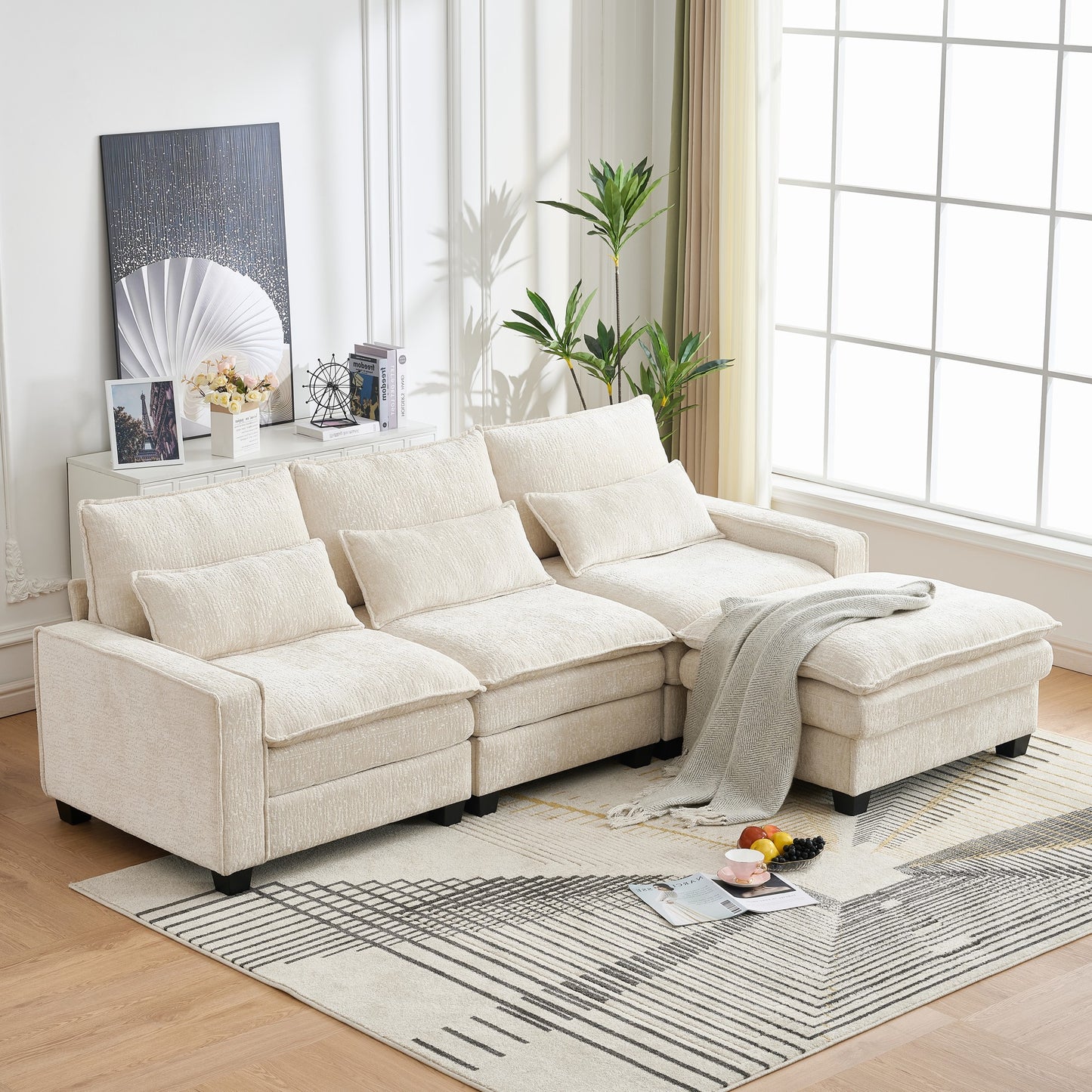 Sectional Cloud Deep Seat Couch, Modern Comfy Chenille L Shaped Sectional Sofa  with Movable Ottoman for Living Room