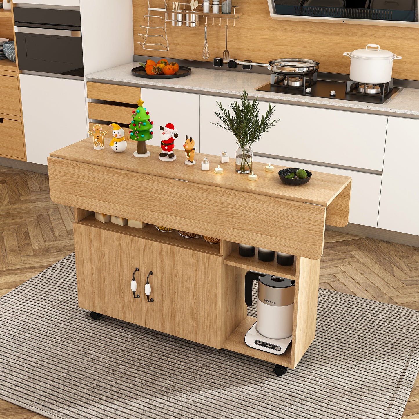 Multi-Functional Folding Table with Storage Shelves and Wheels | 47" Foldable Dining Table for Small Spaces, Compact Desk for Kitchen – Walnut/White/Oak