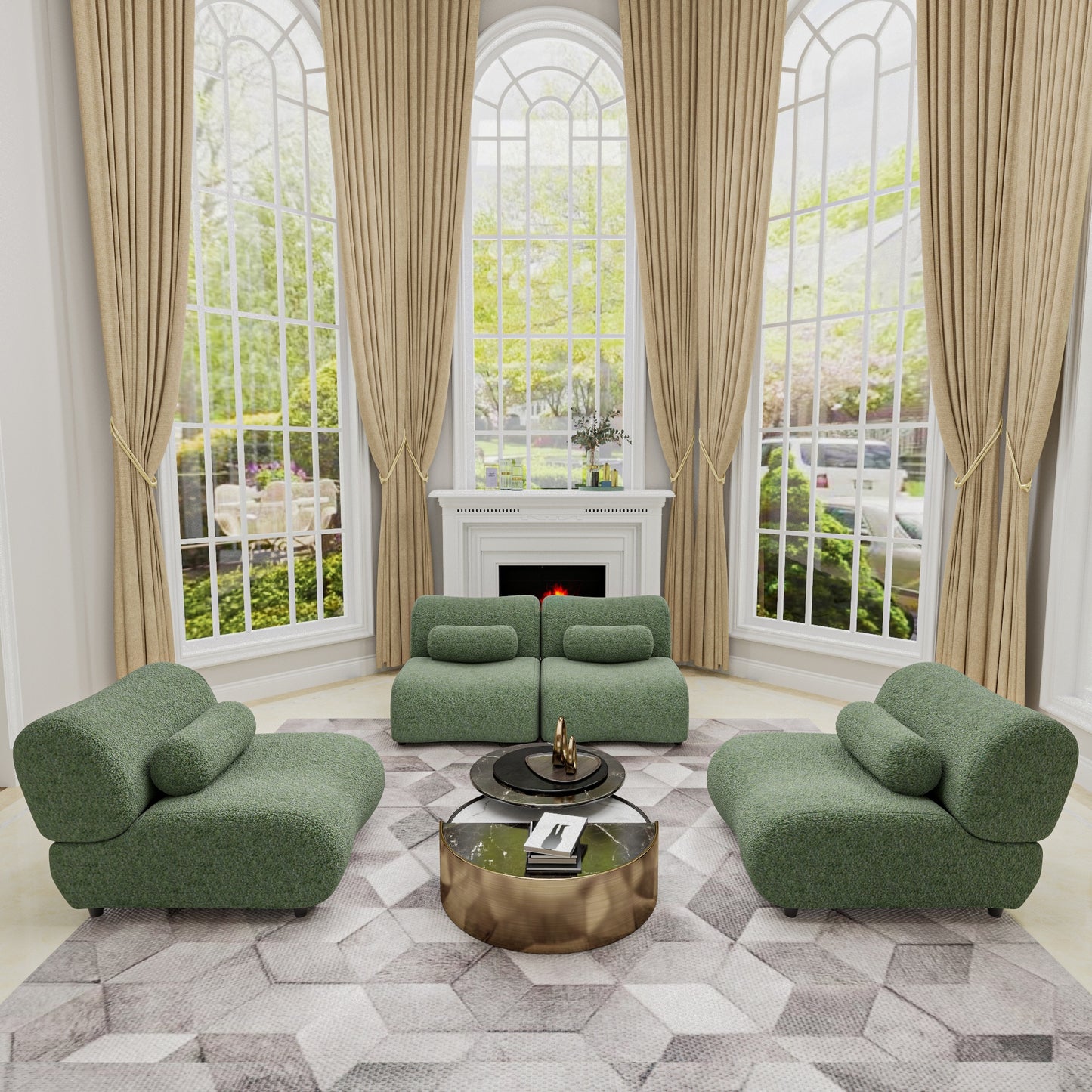 Chenille Fabric Living Room Sofa with Cylindrical Pillows, Freely Arrangeable 3 Colors