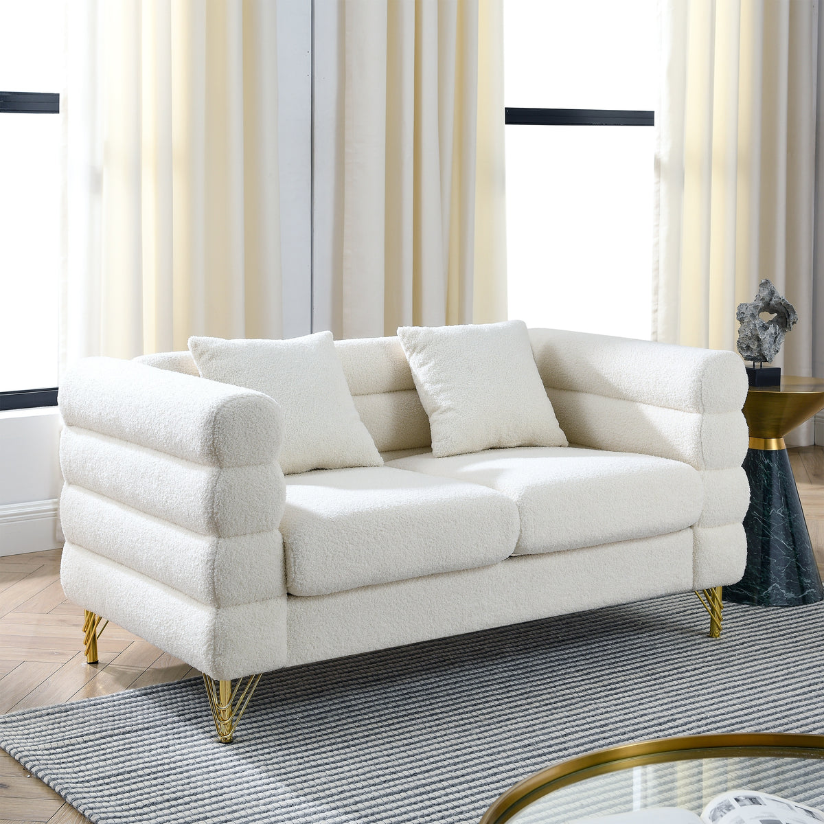 2-3 Seater Teddy Fabric Deep Seating Loveseat Sofa with Pillows – Streamline Modern Design