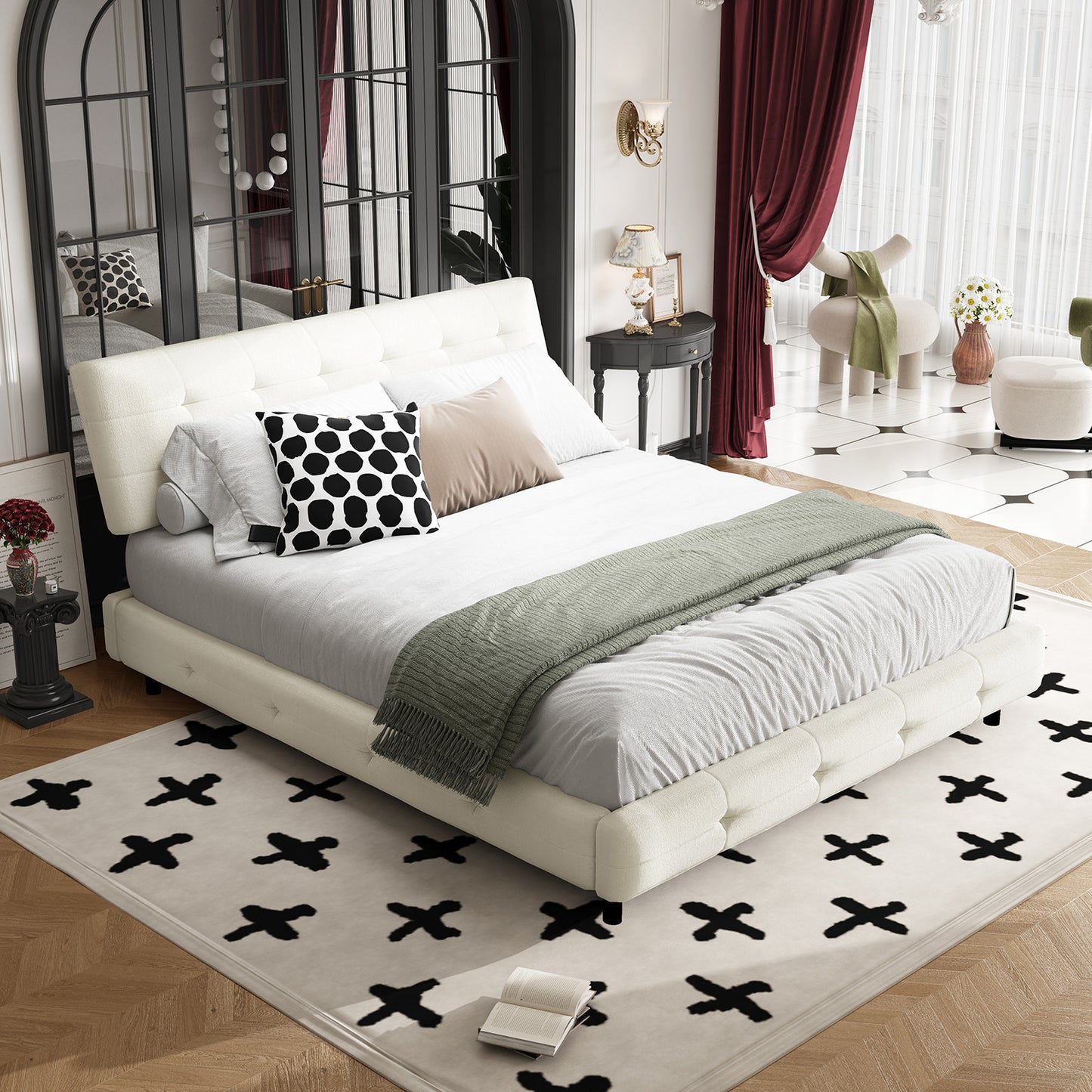Queen/King Size Bed Frame Chenille Platform Bed with Metal and Wooden Slats Double Support – Cloud Pillow Headboard, Silent Sturdy